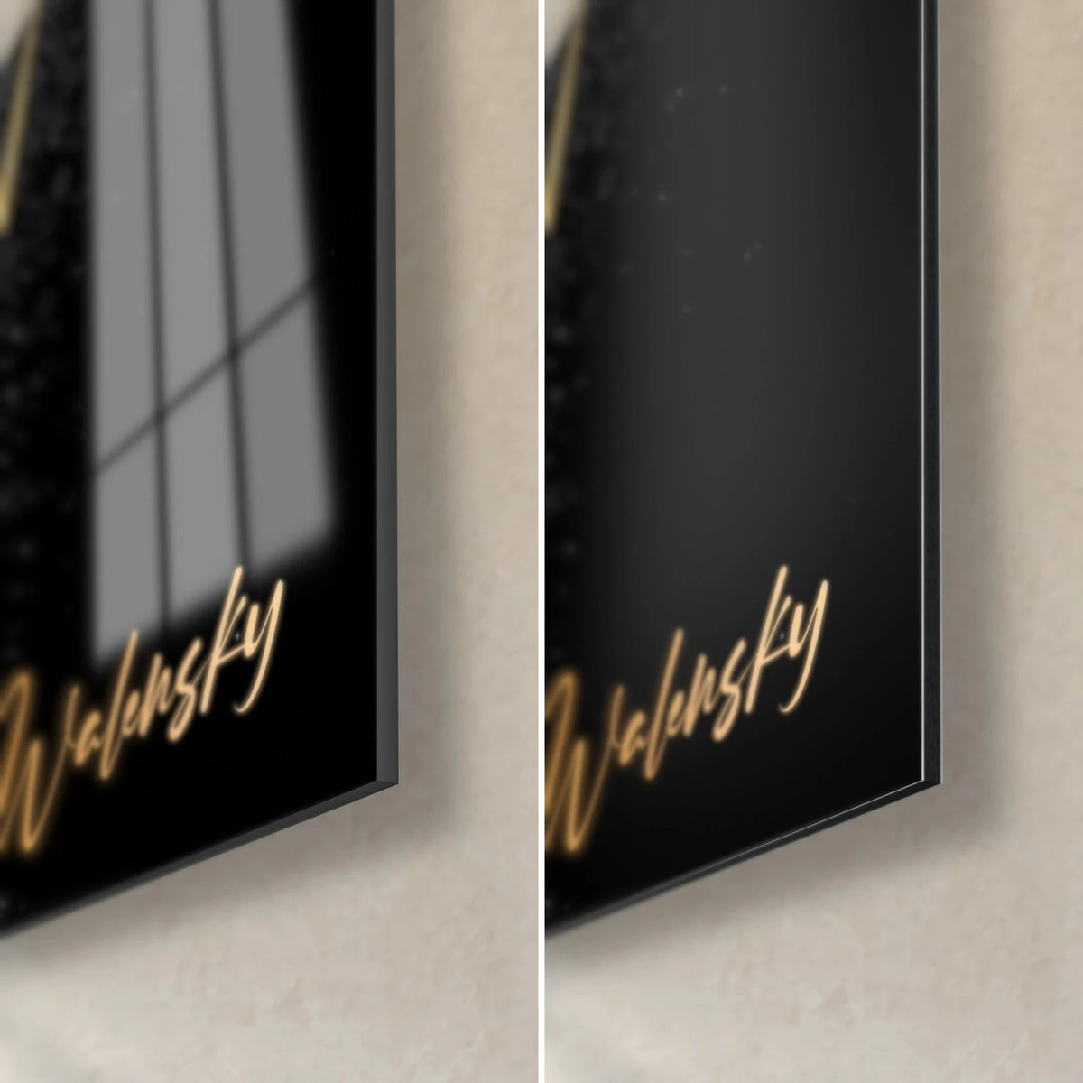 Schilderij met abstract gezicht en gouden oog, rechtsonder: glanzend acrylglas met reflecties, mat zwart Dibond, rand van 3 mm