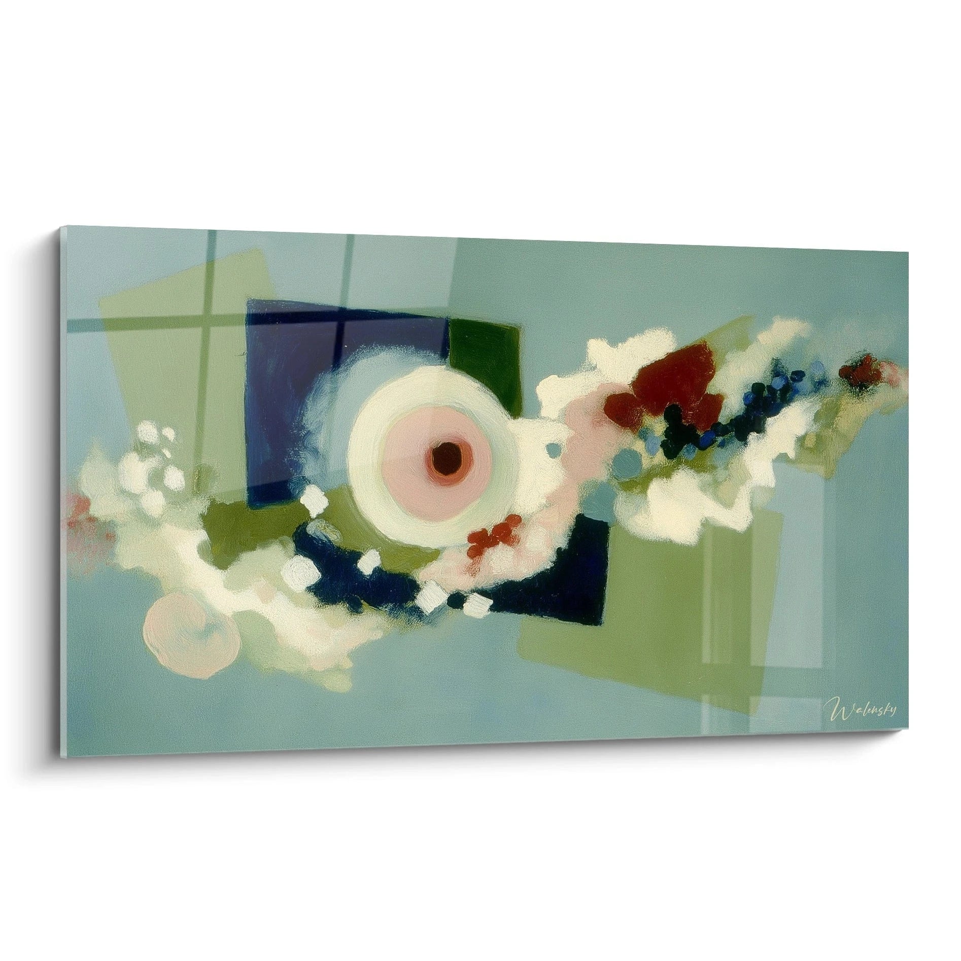 Tableau mural Walensky tableau dadaïsme moderne abstrait bleu vert cercle central tâches florales et formes géométriques