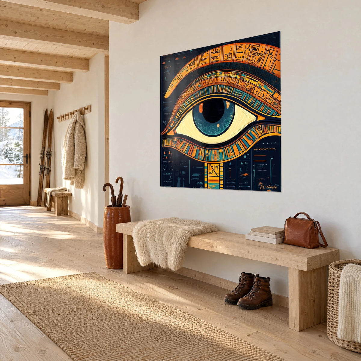 Tableau iris bleu-vert et sourcil orange gravé de hiéroglyphes, vu de trois quarts sur un mur blanc d'entrée en chalet