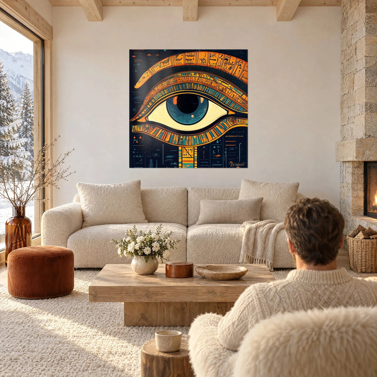 Tableau œil égyptien d'Horus cerclé d'orange et de turquoise, hiéroglyphes sur fond bleu nuit, au-dessus d'un canapé dans un salon lumineux
