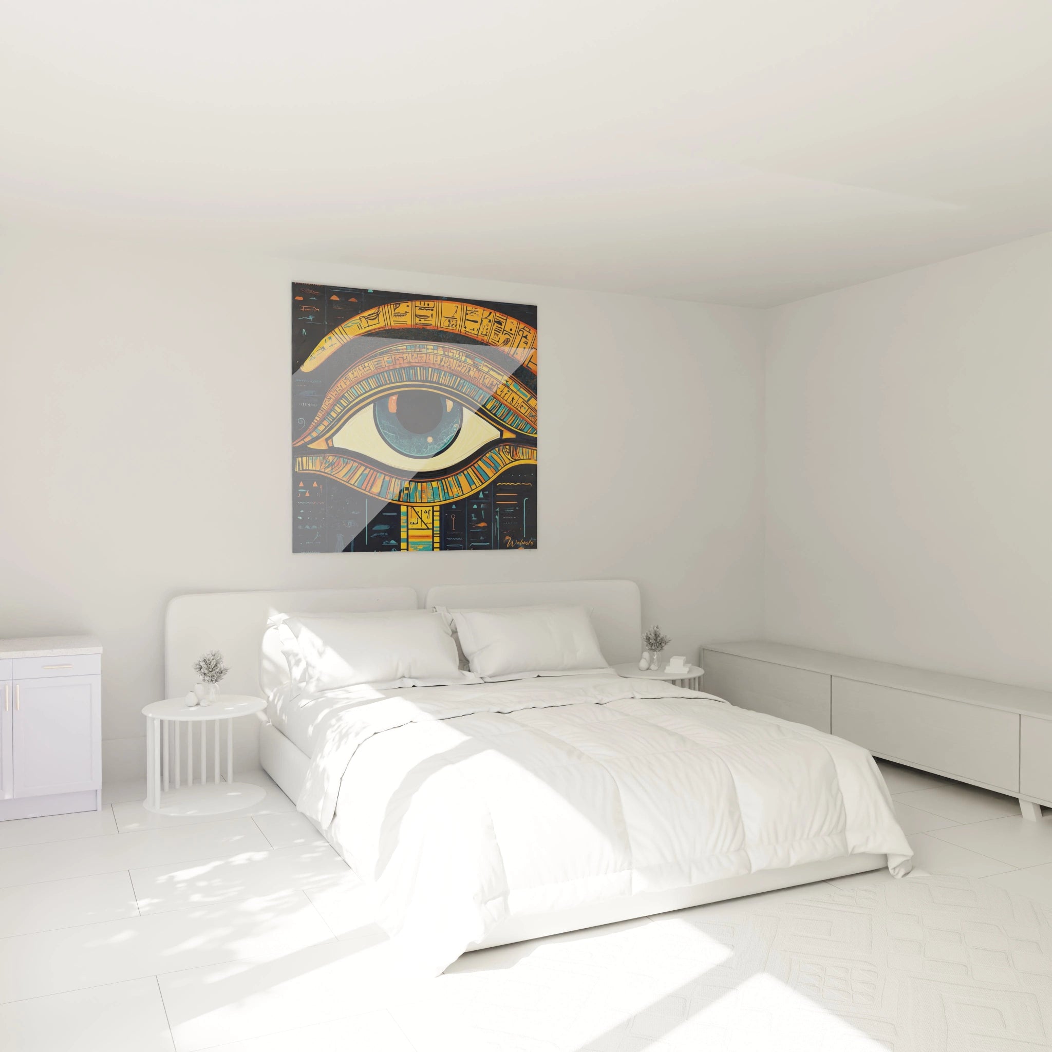 Tableau Egypte mural Walensky représentant un œil égyptien doré accroché au-dessus d'un lit blanc moderne