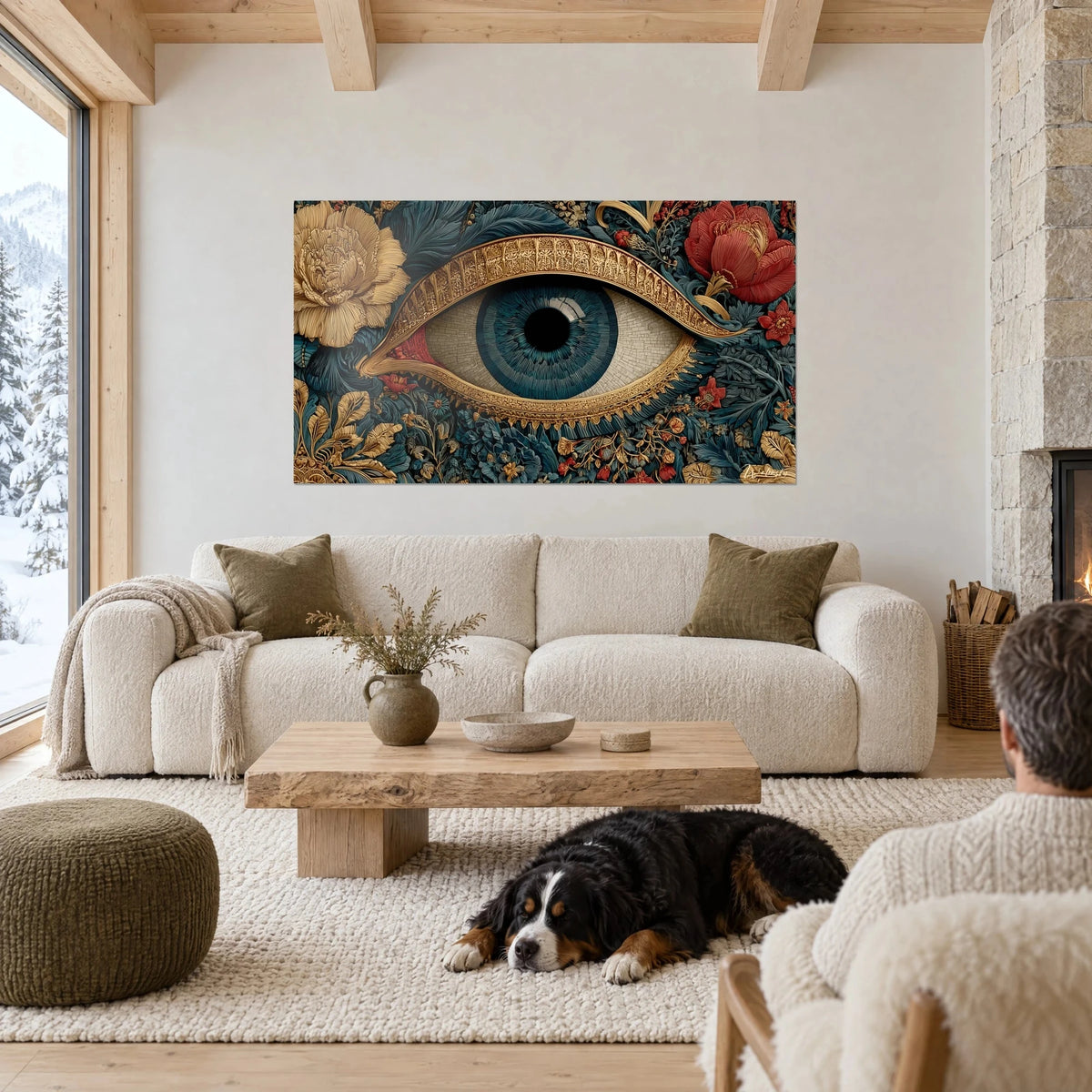 Gemälde Auge in Blau mit goldenem Rand, umgeben von ockerfarbenen und roten Pfingstrosen, ein schwarzer Hund liegt auf einem Teppich, über einem Sofa in einem hellen Wohnzimmer