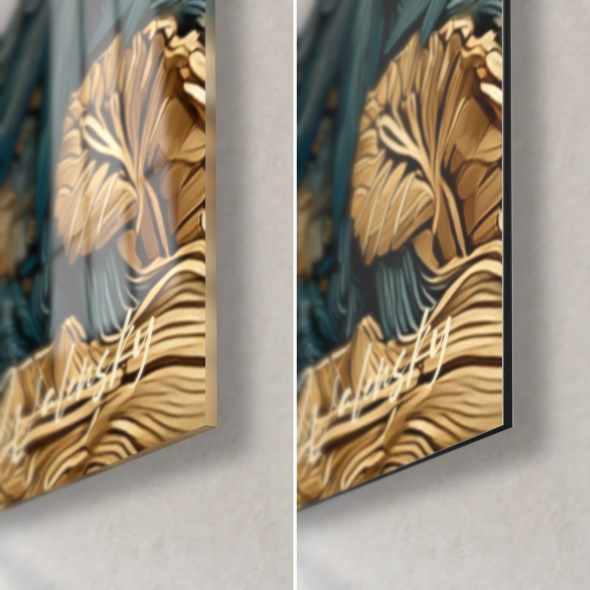 Gemälde blicke Auge in Art-nouveau-Mustern, untere rechte Ecke: klar gezeichnete goldene Blätter unter dem glänzenden Glas links, mattschwarzes Dibond rechts