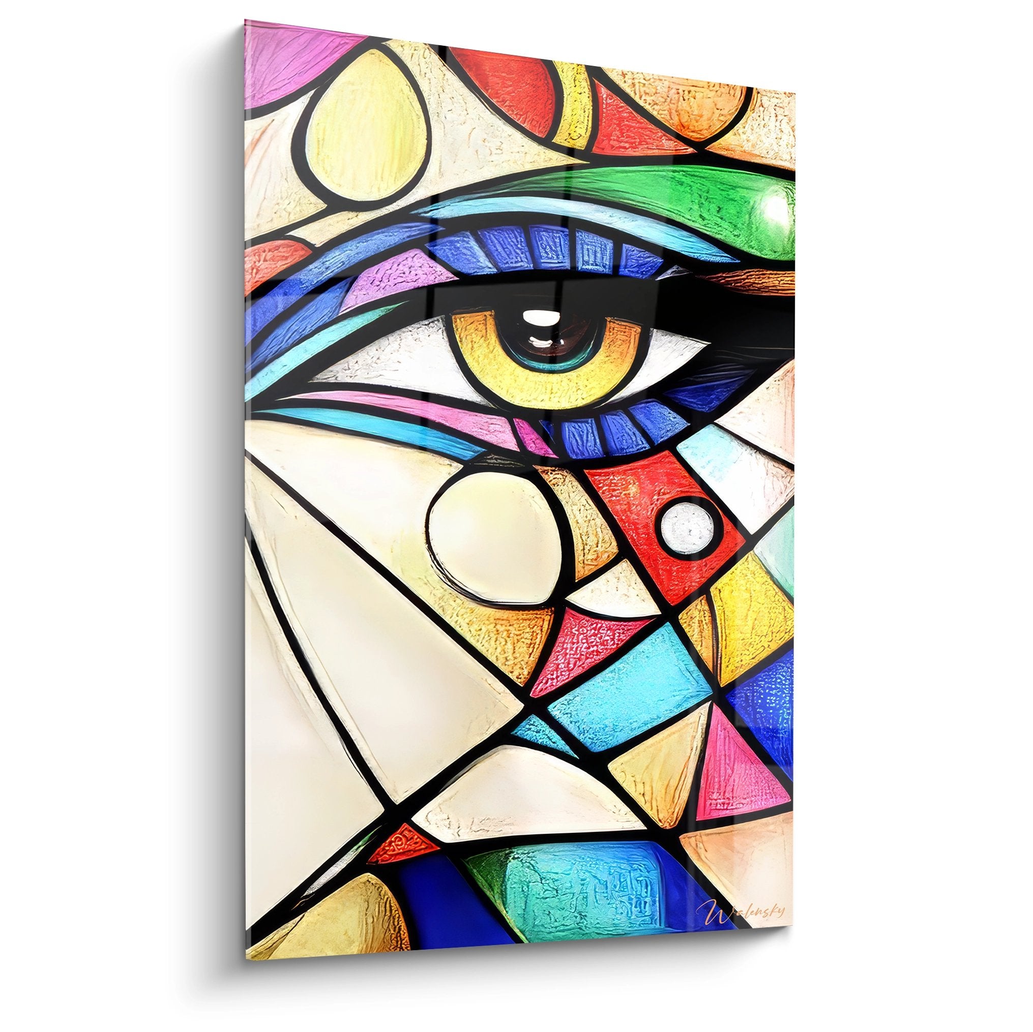 Tableau œil multicolore style vitraux avec motifs géométriques colorés art moderne déco murale