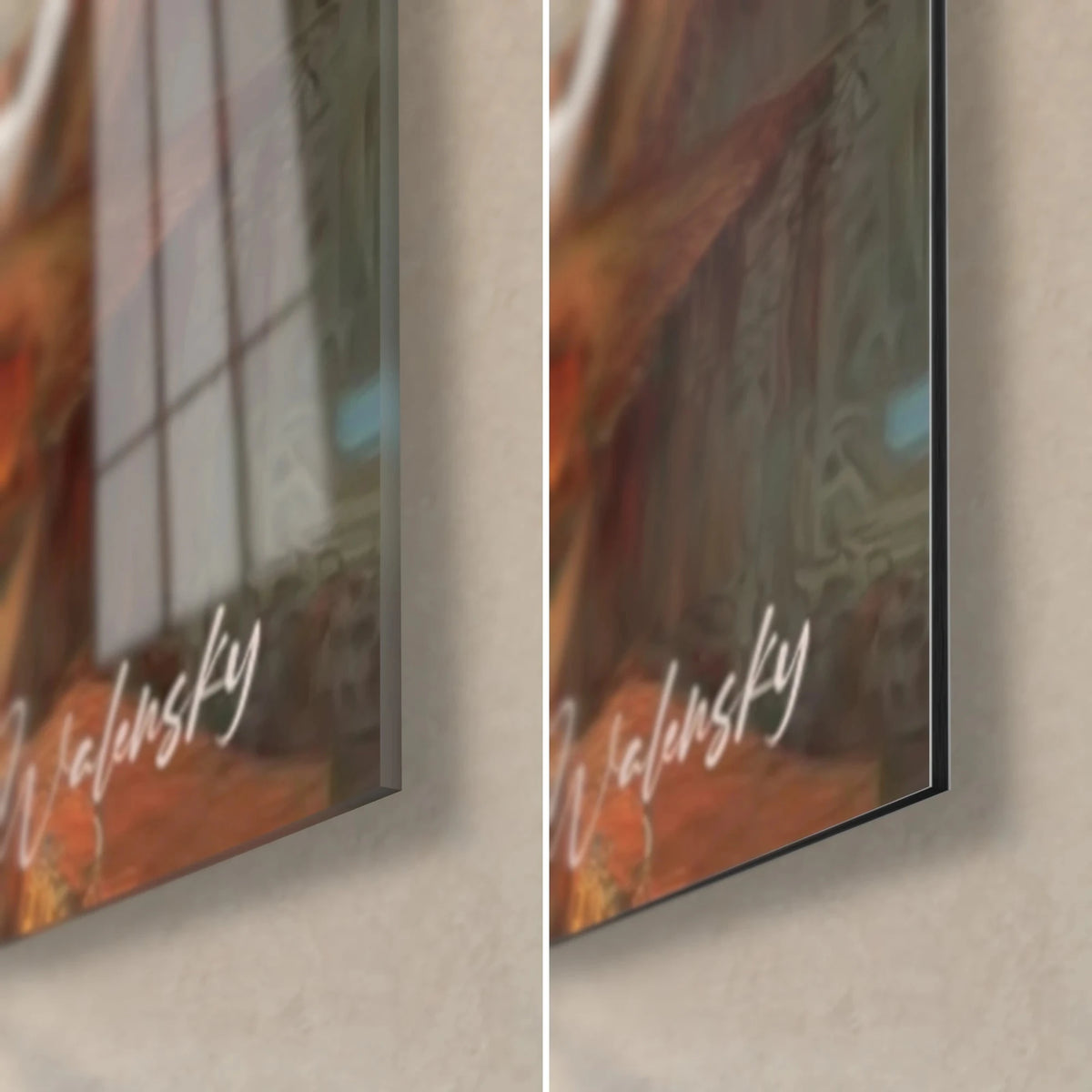 Gemälde surrealistisches Auge, unten rechts: glänzendes Acrylglas mit Reflexen und mattes Alu-Dibond, Signatur Walensky, 3 mm Kante