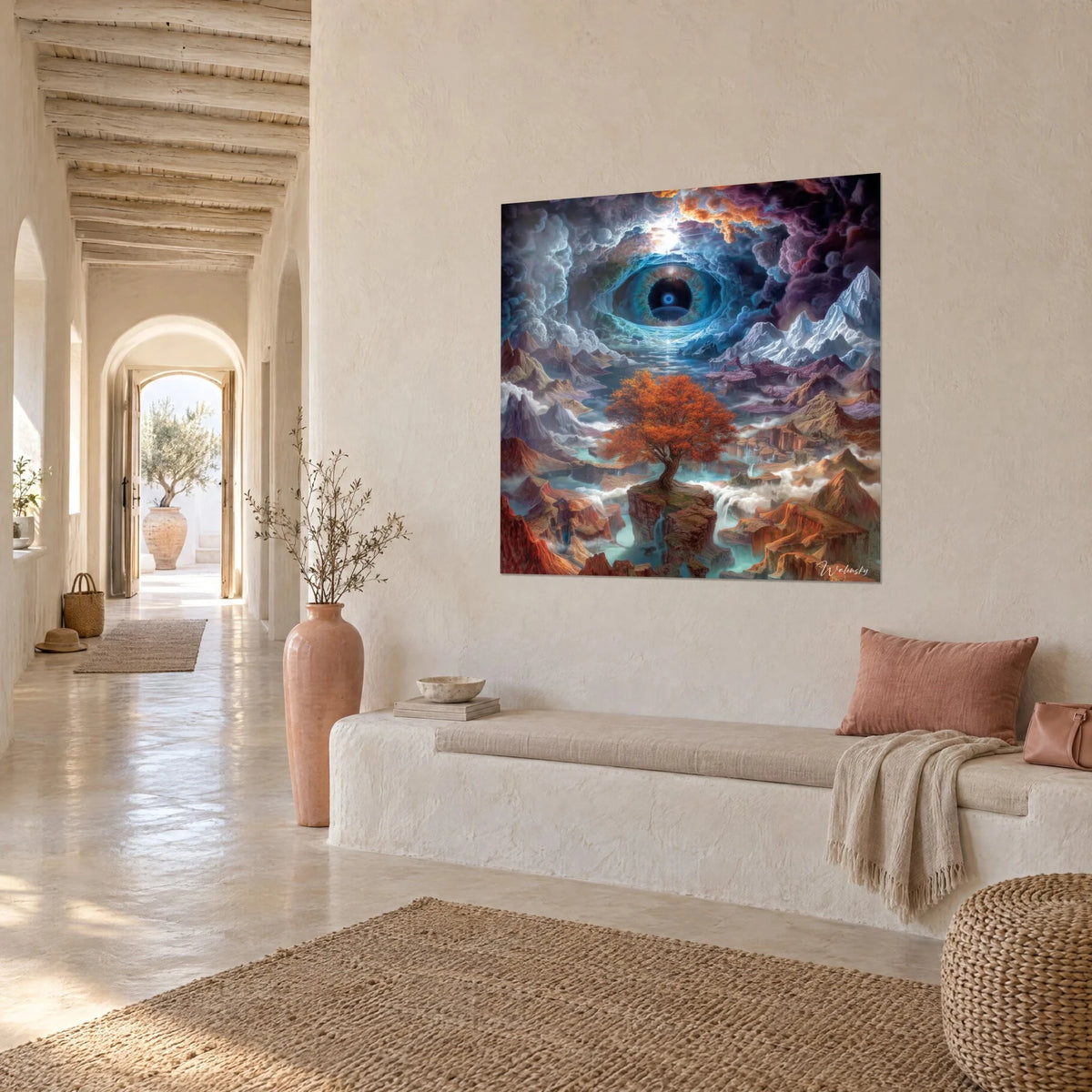 Gemälde dimensionales Portal mit türkisfarbener Iris, purpurne und kupferfarbene Berge, Dreiviertelansicht, gewölbter Flur eines mediterranen Hauses