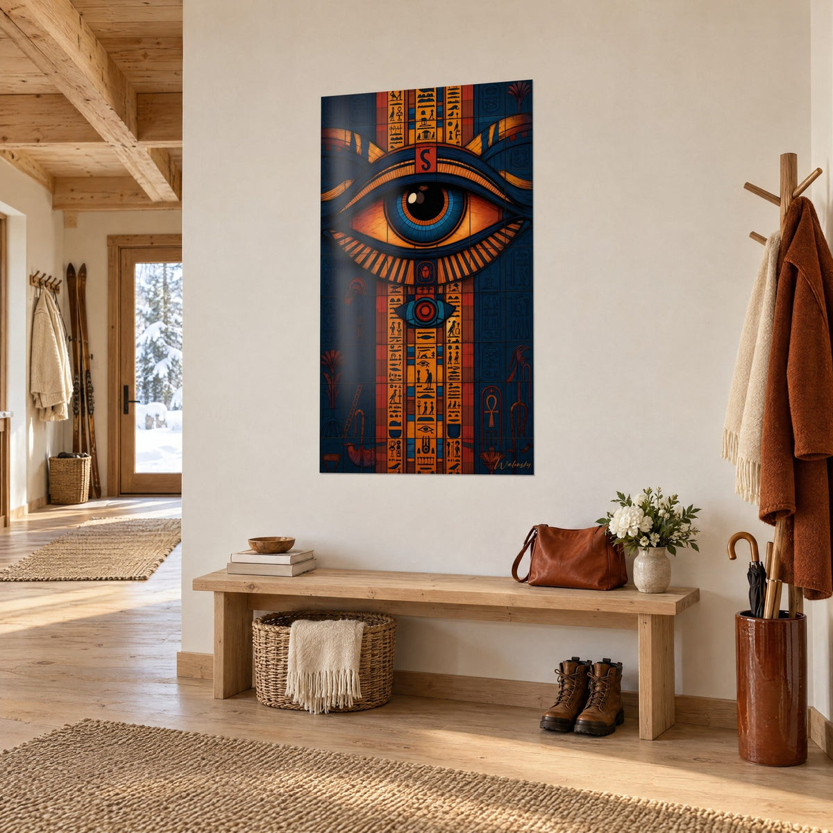 Wall art Egyptian Udjat eye with blue iris and burnt orange border, hieroglyph columns, near the entrance of a wooden chalet