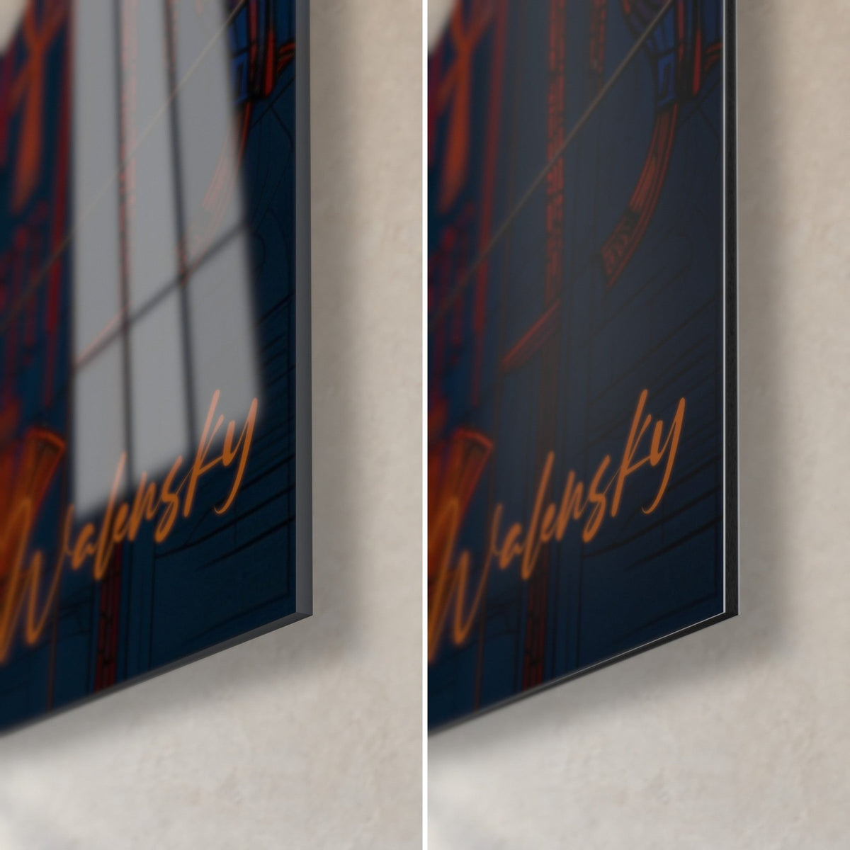 Wall art Egyptian eye in navy blue and orange, copper Walensky signature, 3 mm edge, glossy glass and matte Dibond