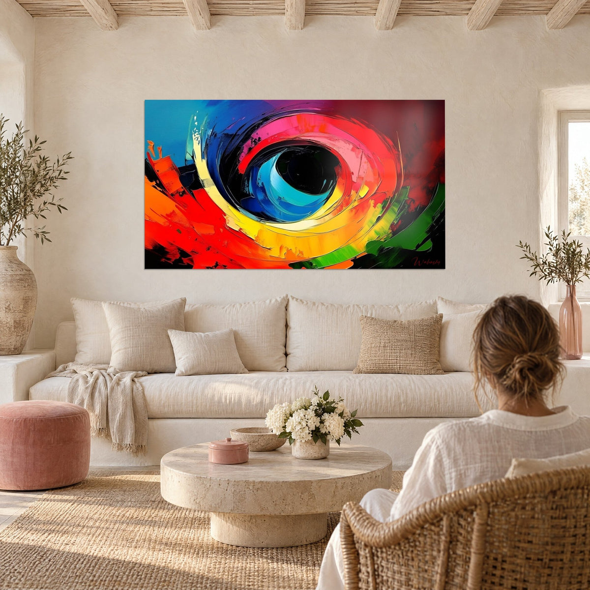 Schilderij Abstract oog met rode, gele en turquoise spiralen, zwarte pupil, boven een bank in een lichte woonkamer