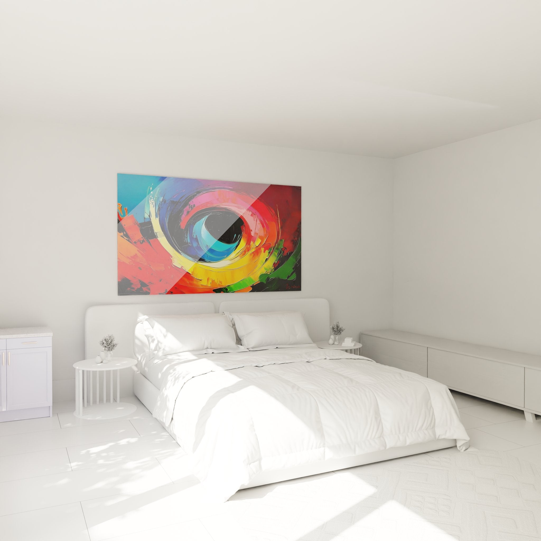 Tableau œil spirale abstrait multicolore dans chambre moderne ambiance décorative murale contemporaine