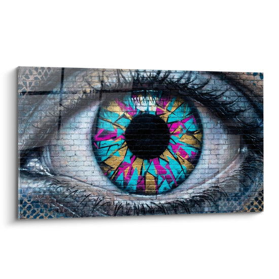 Tableau œil géant multicolore sur mur de brique avec iris turquoise et magenta - Vision urbaine - Edition Street art néon fluo