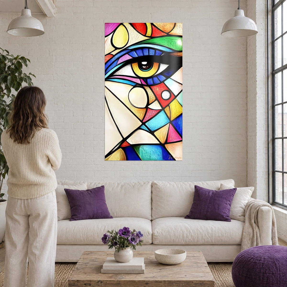 Tableau œil jaune cerné de bleu cobalt en vitrail, une femme de dos le regarde, au-dessus d'un canapé dans un salon lumineux