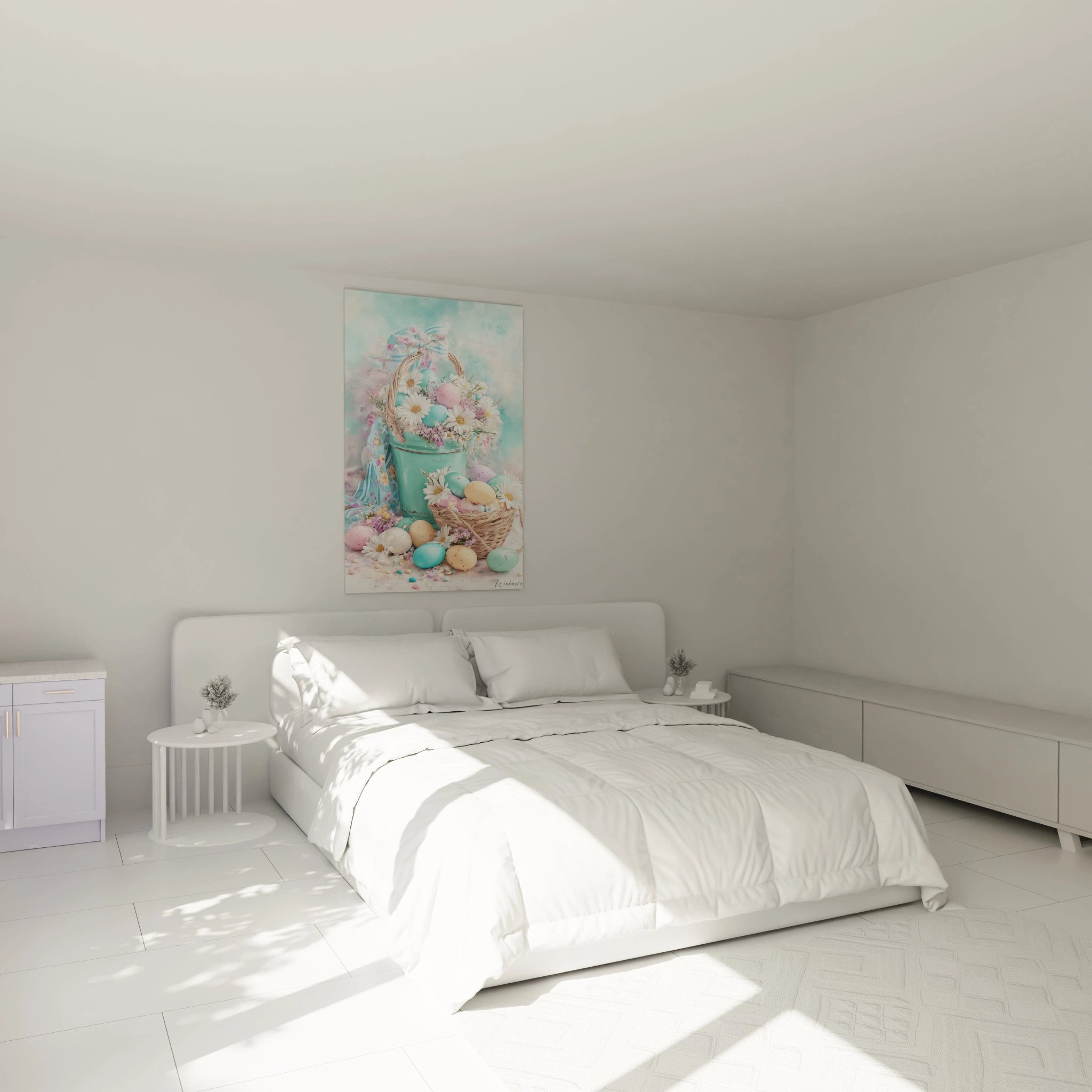 Walensky tableau pâques décoration murale pastel accroché au dessus d un lit blanc minimaliste pour ambiance printaniere