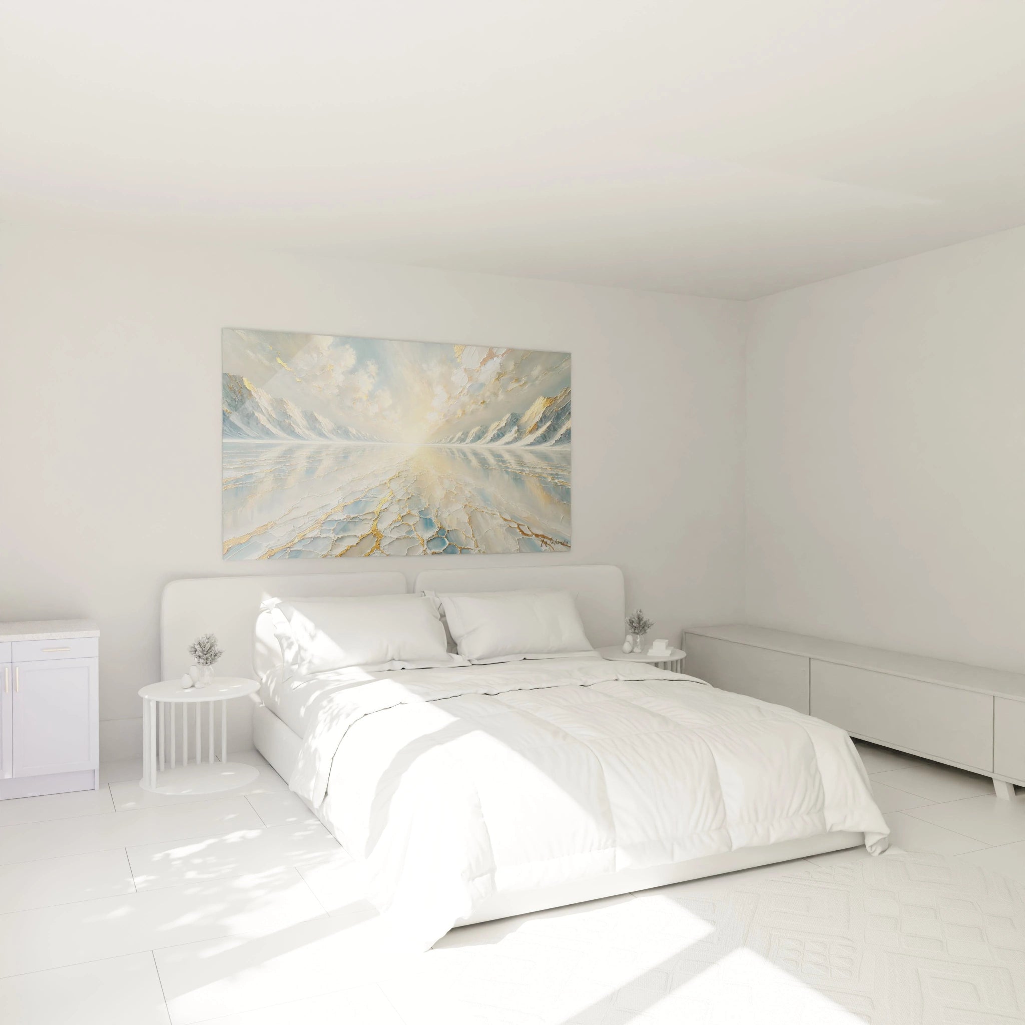 Tableau oeuvre paysagere inspire d un paysage infini accroche dans une chambre surplombant un lit symbolisant le froid et la chaleur de la nature

