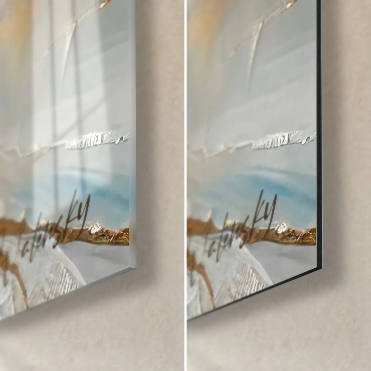 Tableau lac gelé aux craquelures d'or, coin bas droit : verre acrylique brillant à gauche, alu Dibond mat à droite, tranche de 3 mm