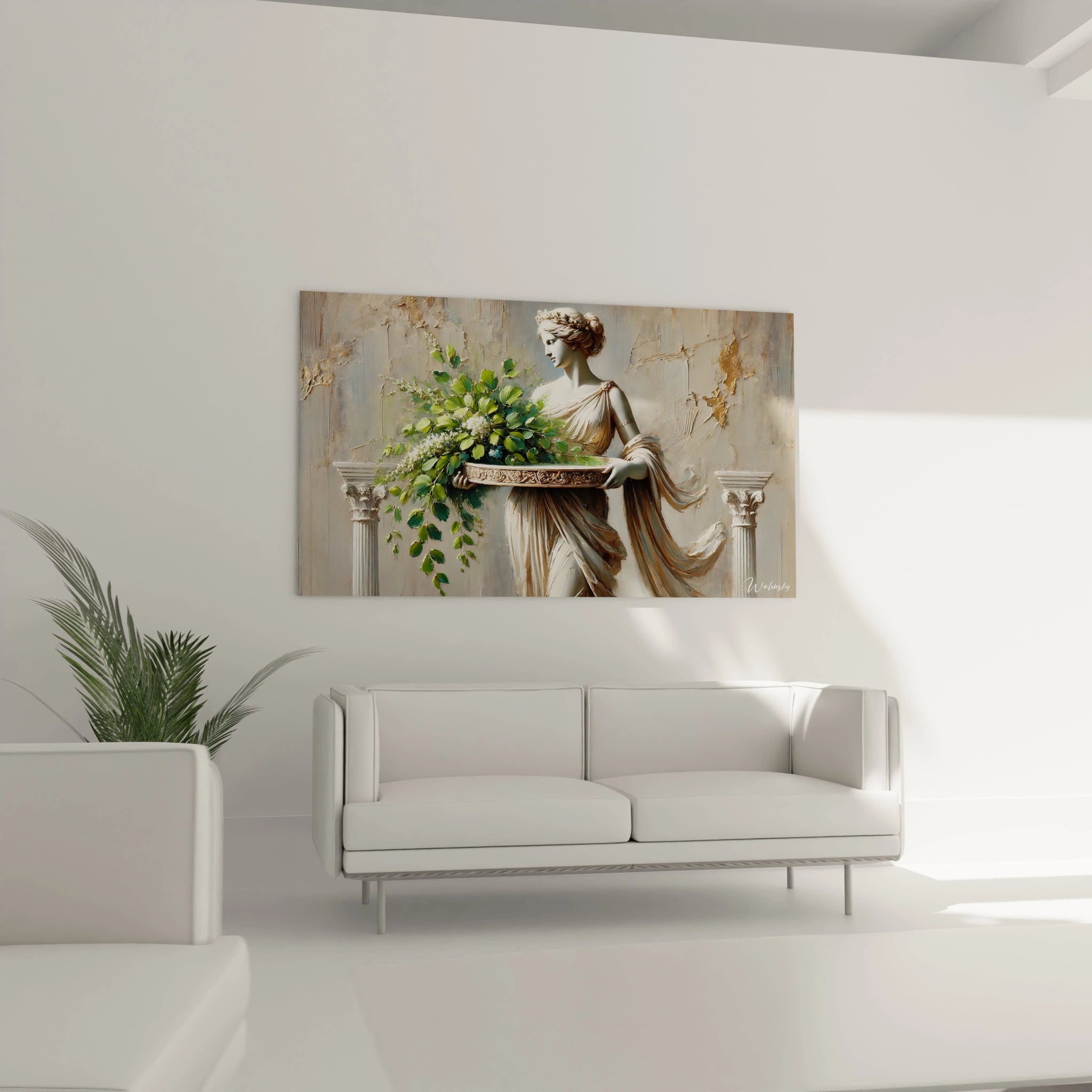 Tableau Jardin dans un salon au dessus du canapé Sublimez votre salon avec ce tableau Jardin une fusion artistique de végétation luxuriante et de majesté classique parfaite pour une ambiance apaisante


