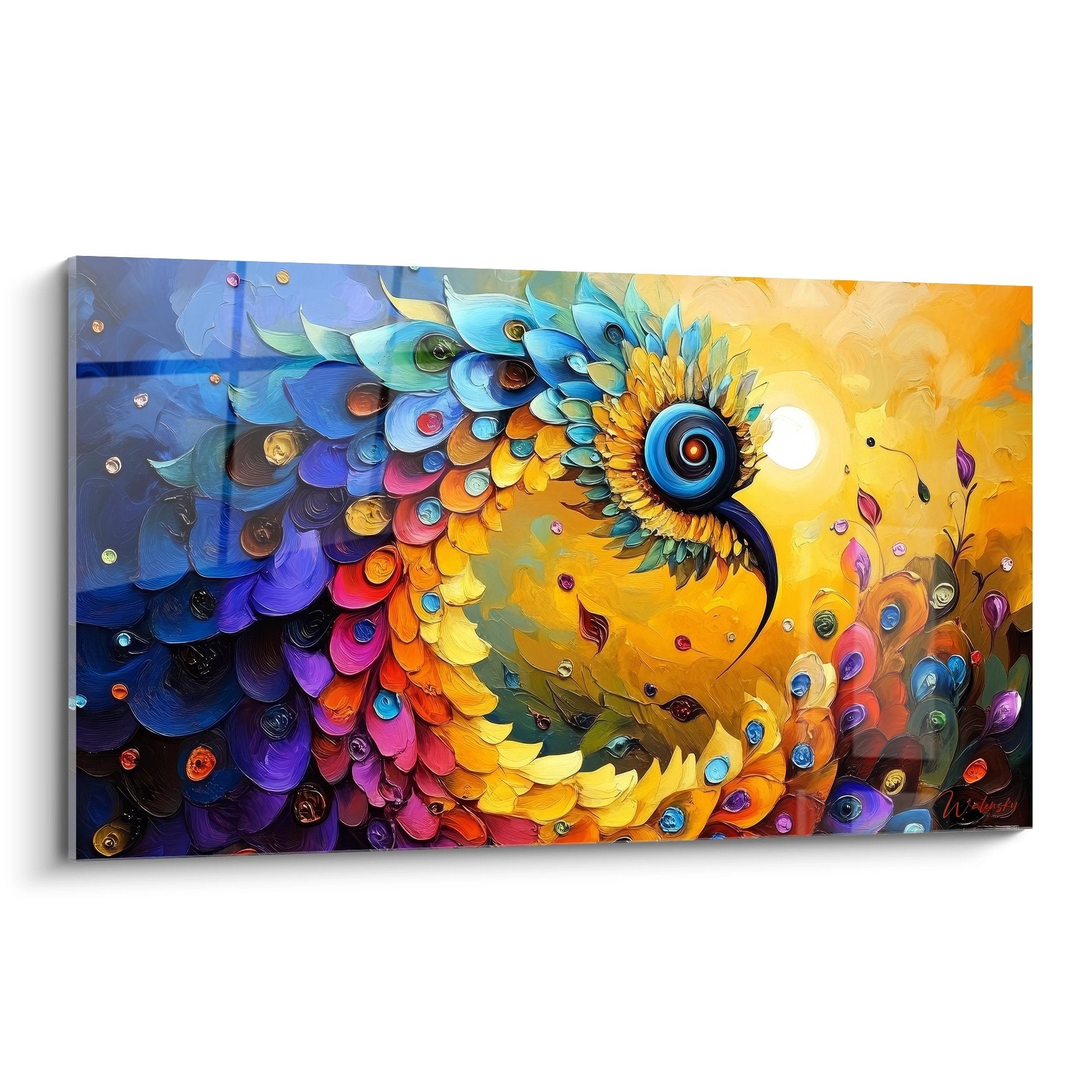 Tableau mural oiseau coloré spirale plumes arc-en-ciel art abstrait moderne décoration