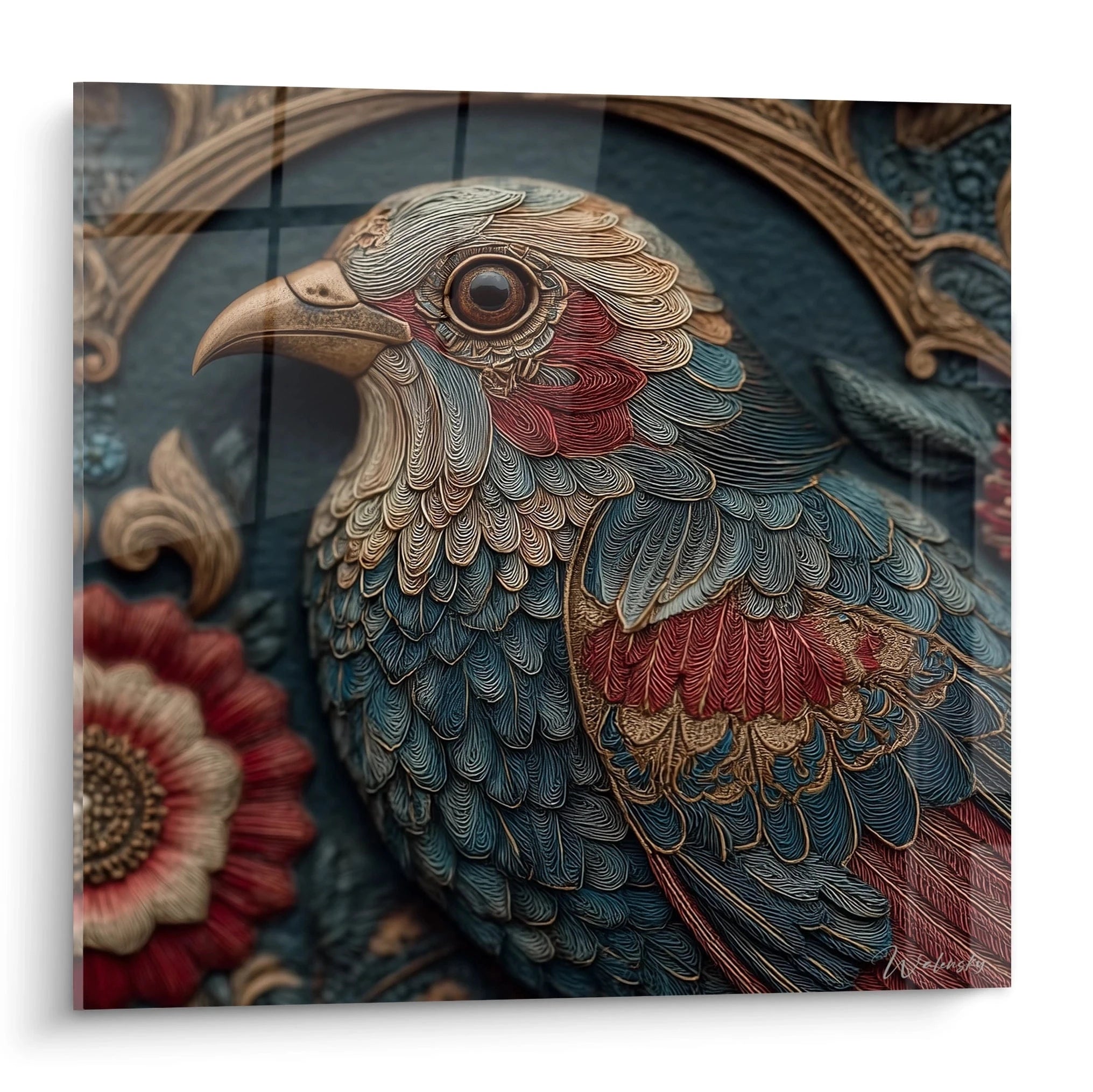 Tableau oiseau art nouveau Walensky en relief bleu vert et rouge avec plumes sculptées et cadre orné