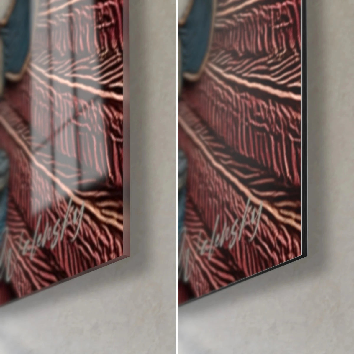 Wall art bird with petrol-blue and burgundy feathers, lower right corner, glossy glass on the left, matte Dibond on the right, 3 mm edge