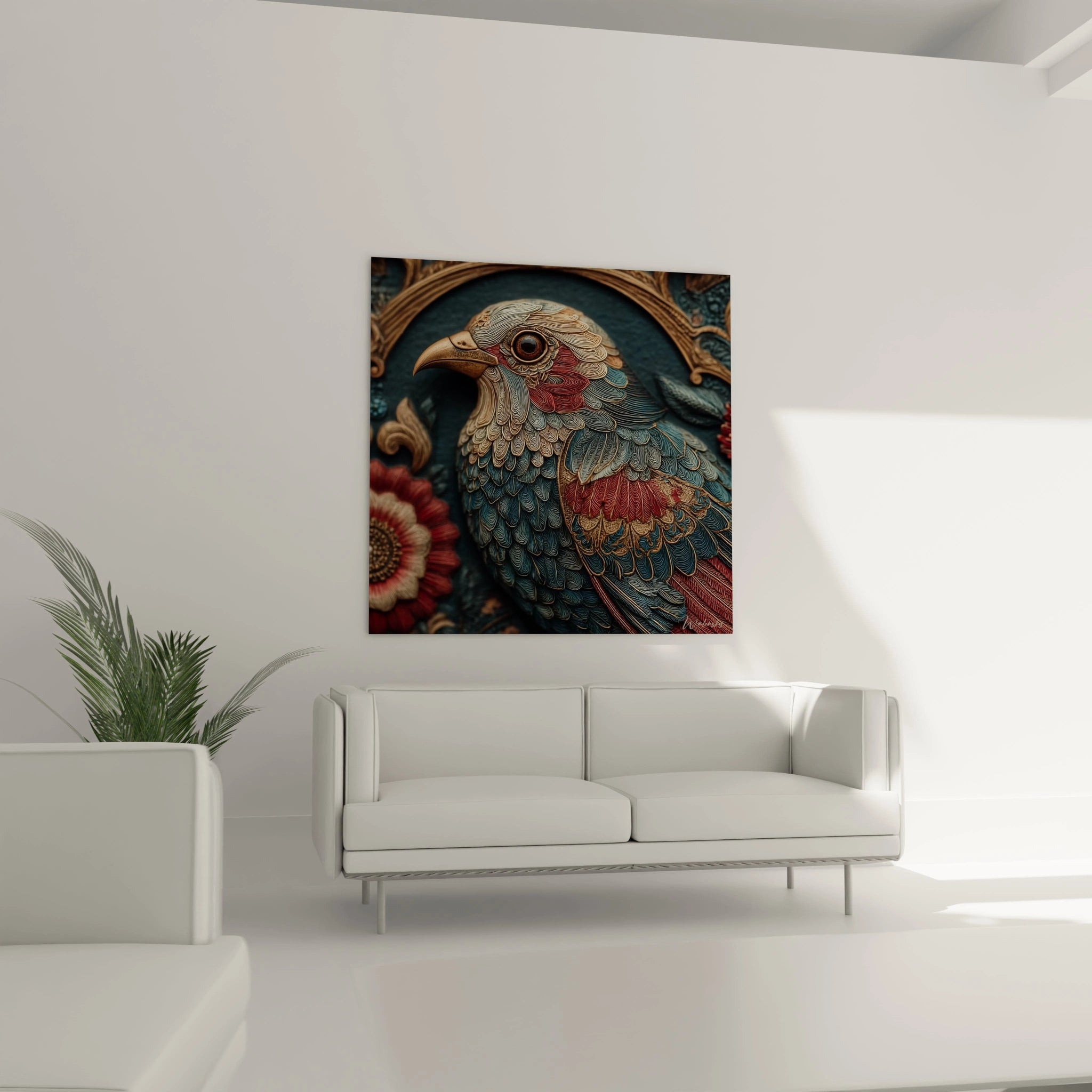 Tableau mural Walensky tableau oiseau art nouveau stylise bleu et rouge ornement floral accroche au dessus du canape