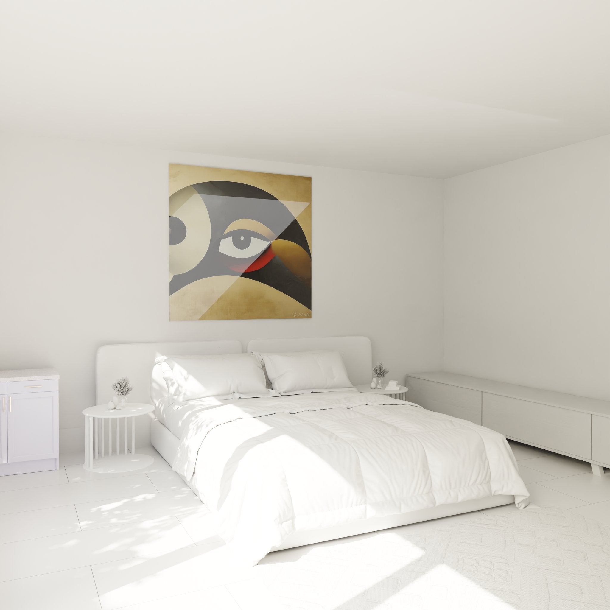 Tableau oiseau stylisé géométrique dans ambiance chambre contemporaine avec décoration murale élégante