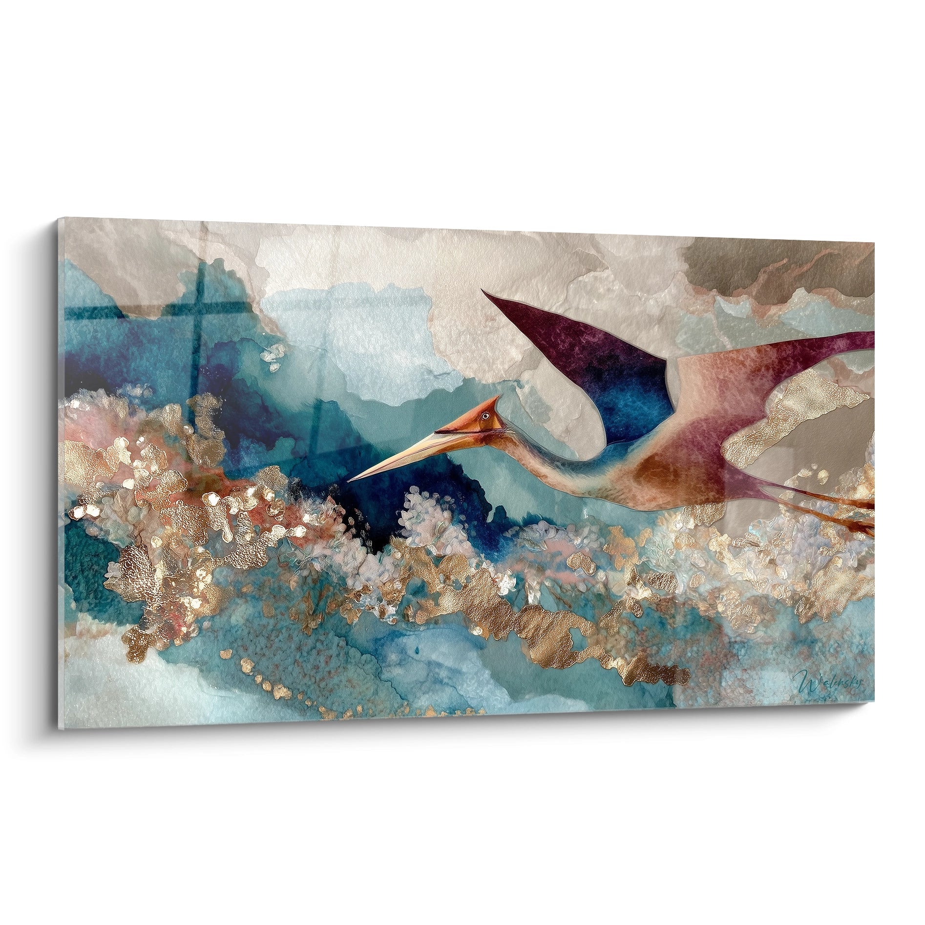 Tableau oiseau marin abstrait aux tons bleus et dorés, art aquatique moderne pour décoration murale