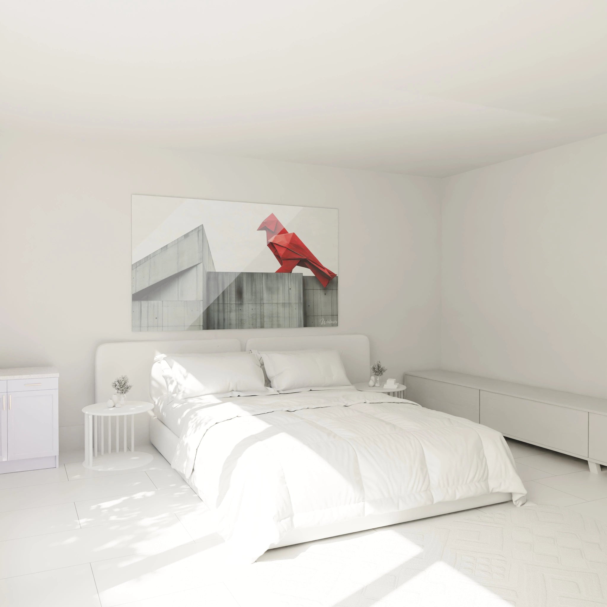 Tableau urbain montrant un oiseau rouge aux lignes géométriques tranchantes perché sur une construction en béton gris, créant un dialogue visuel entre nature stylisée et architecture contemporaine, avec une composition minimaliste dominée par le contraste rouge-gris.
