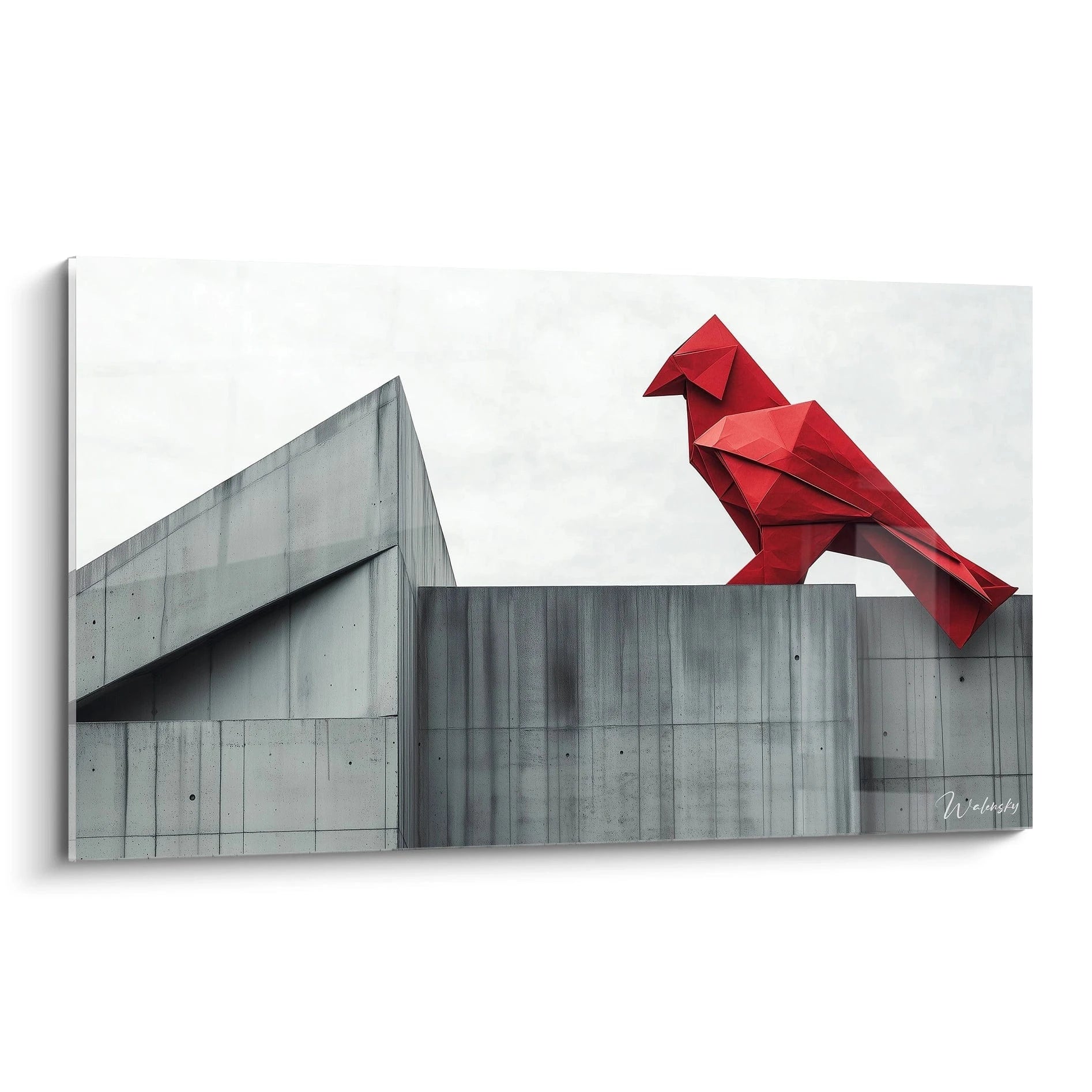 Tableau oiseau origami représentant une sculpture géométrique rouge vif posée sur une structure en béton gris, avec des formes angulaires évoquant la technique du pliage papier et un contraste saisissant entre la couleur écarlate et l'architecture minimaliste.
