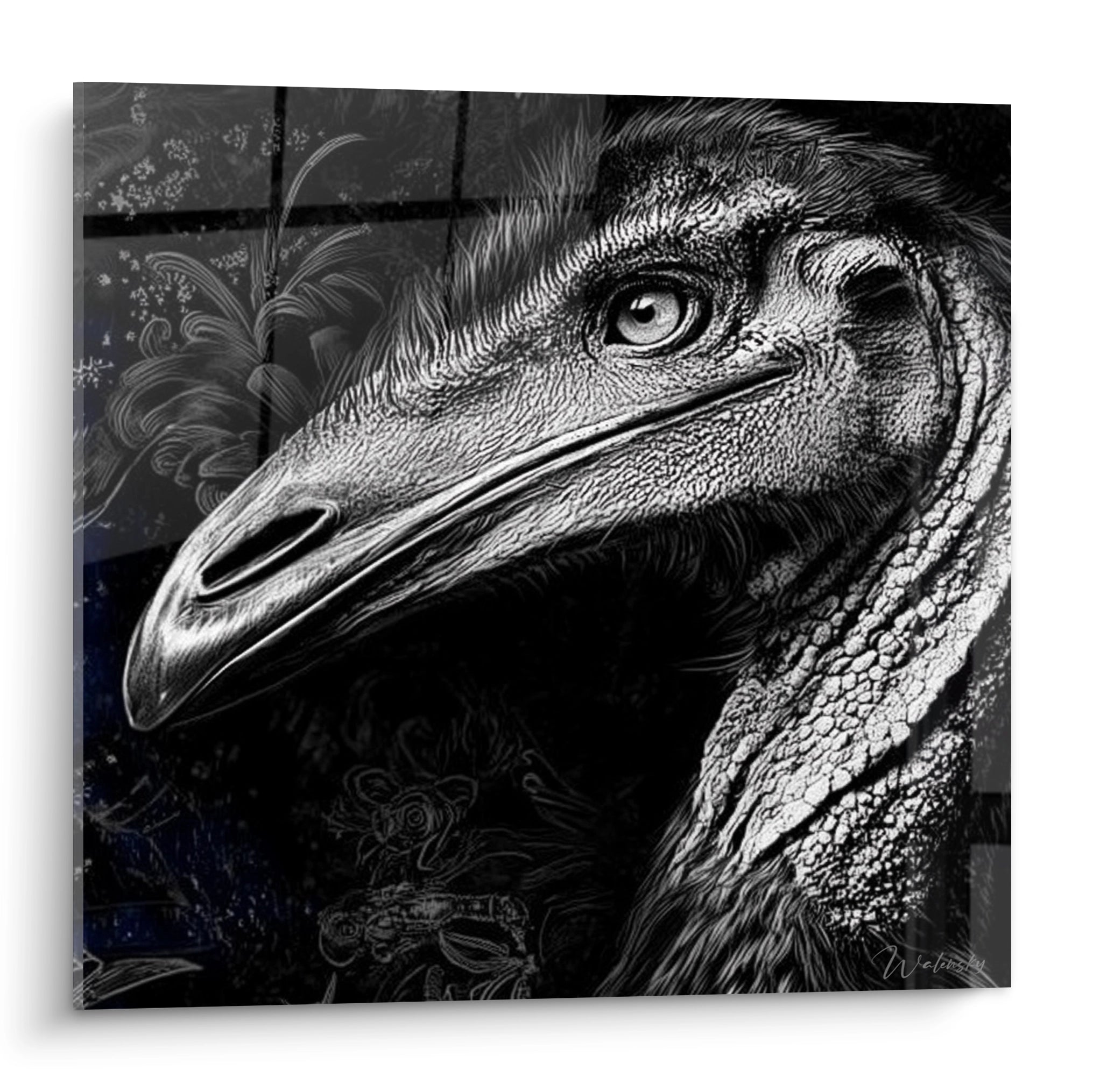Tableau mural oiseau préhistorique noir blanc hyperréaliste regard perçant art décoratif contemporain