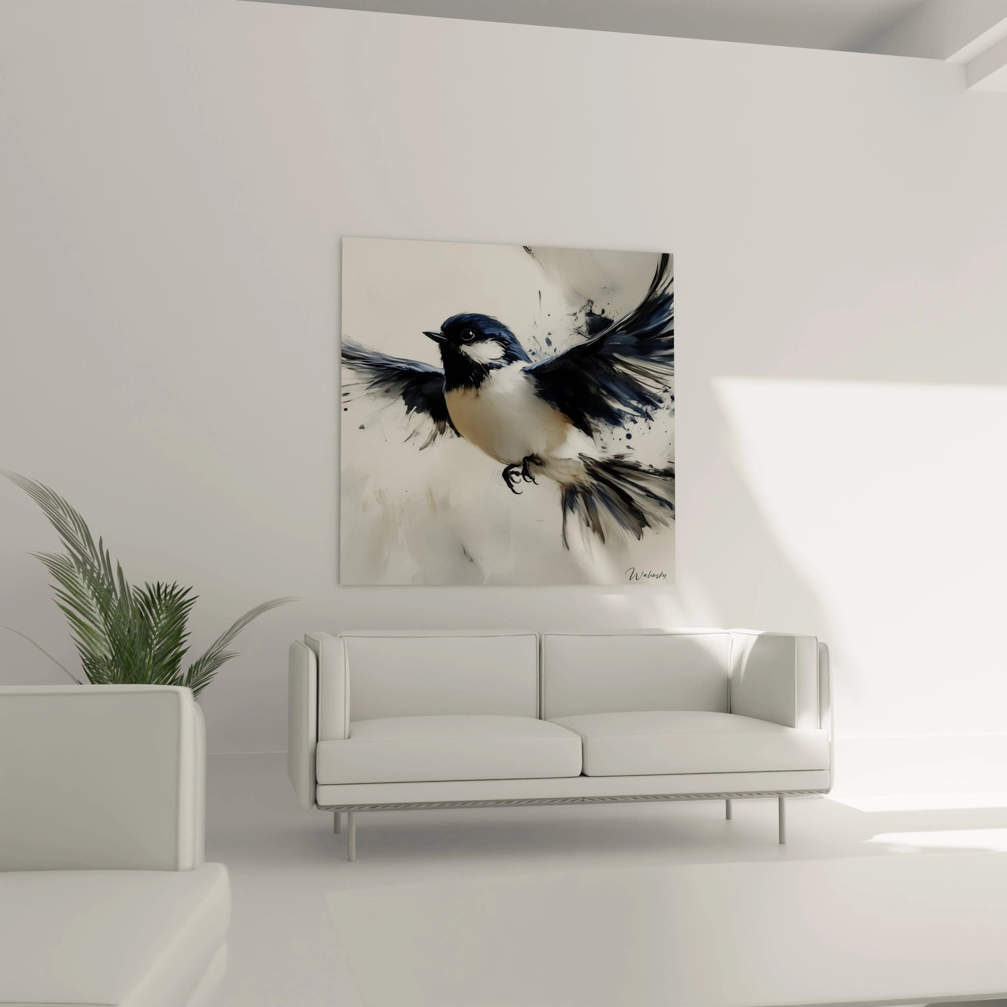 Tableau oiseau Walensky représentation artistique d'un oiseau en vol dans un salon moderne