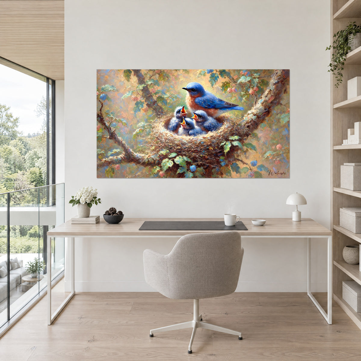 Wall art hungry fledglings in a straw nest, blue berries and green leaves, hung above a light wooden desk