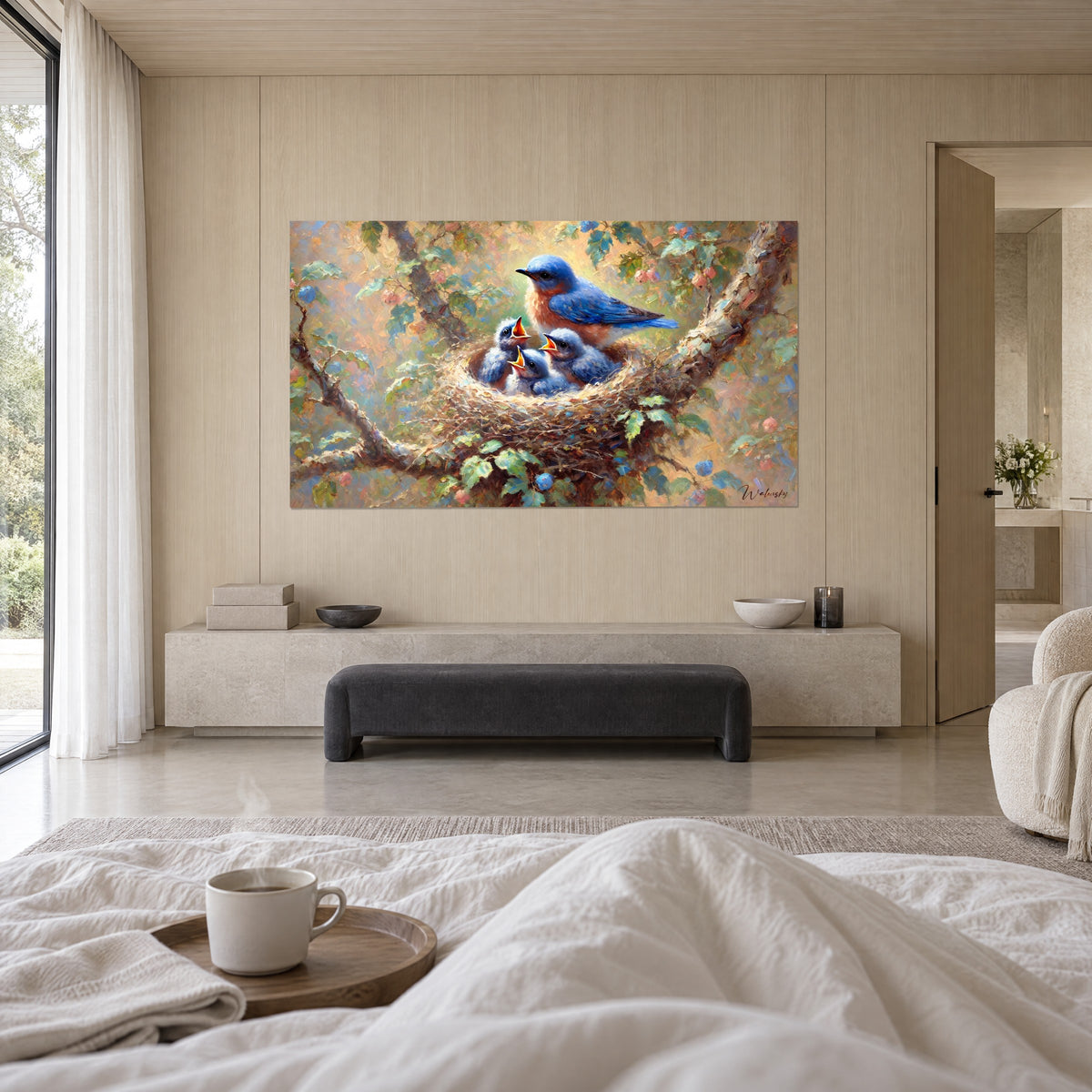 Wall art bird family in the nest, cobalt blue and russet plumage, soft green foliage, above a bed in a light bedroom