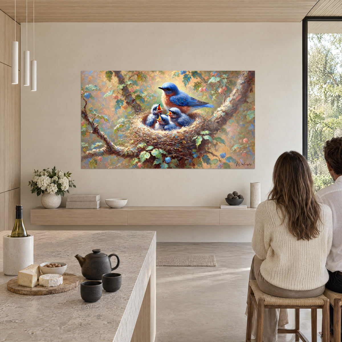 Wall art brood of wide-open beaks under the mother's blue wing, golden and coral touches, facing a stone kitchen island
