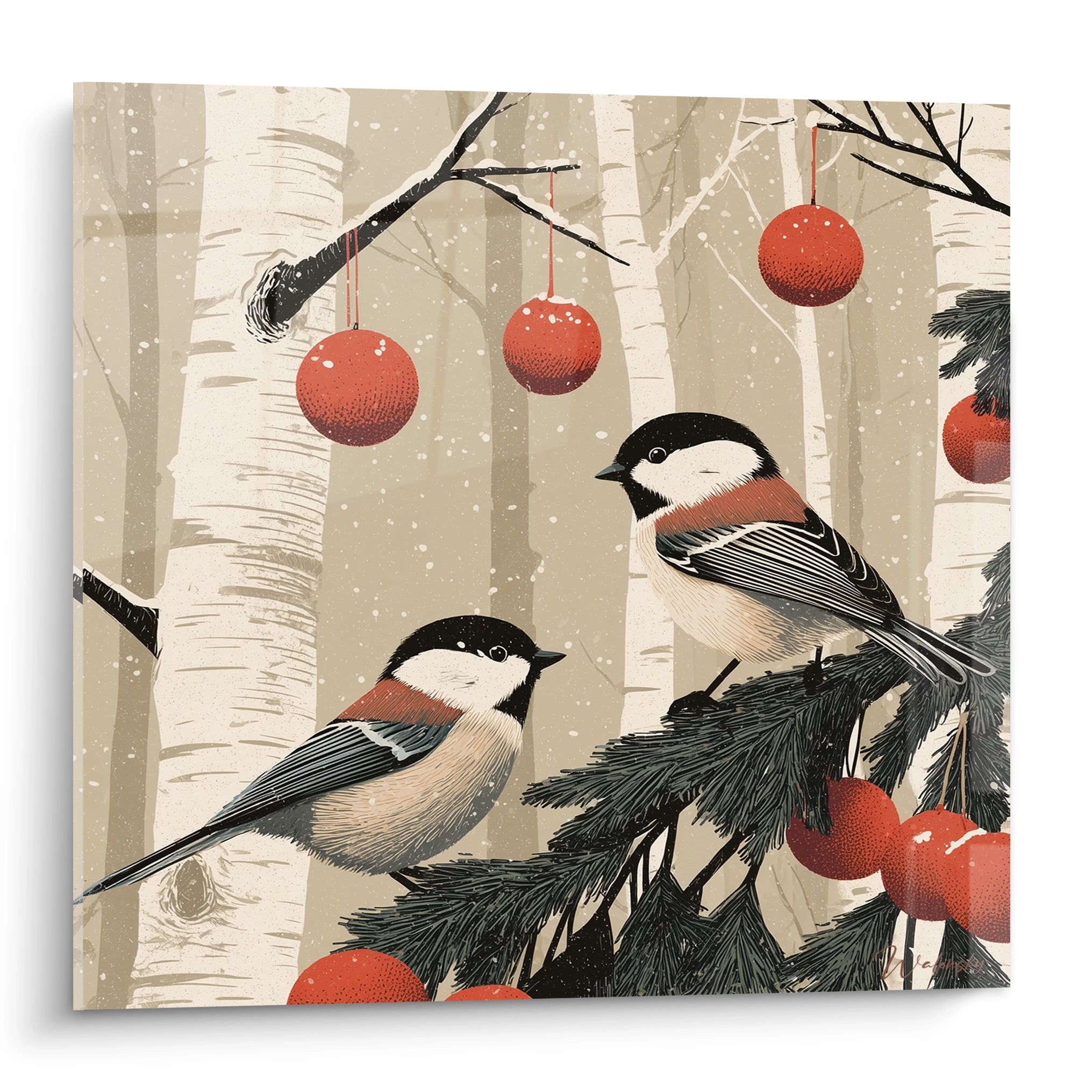 Tableau oiseaux décoration murale avec deux oiseaux perchés sur une branche de pin ornée de boules rouges