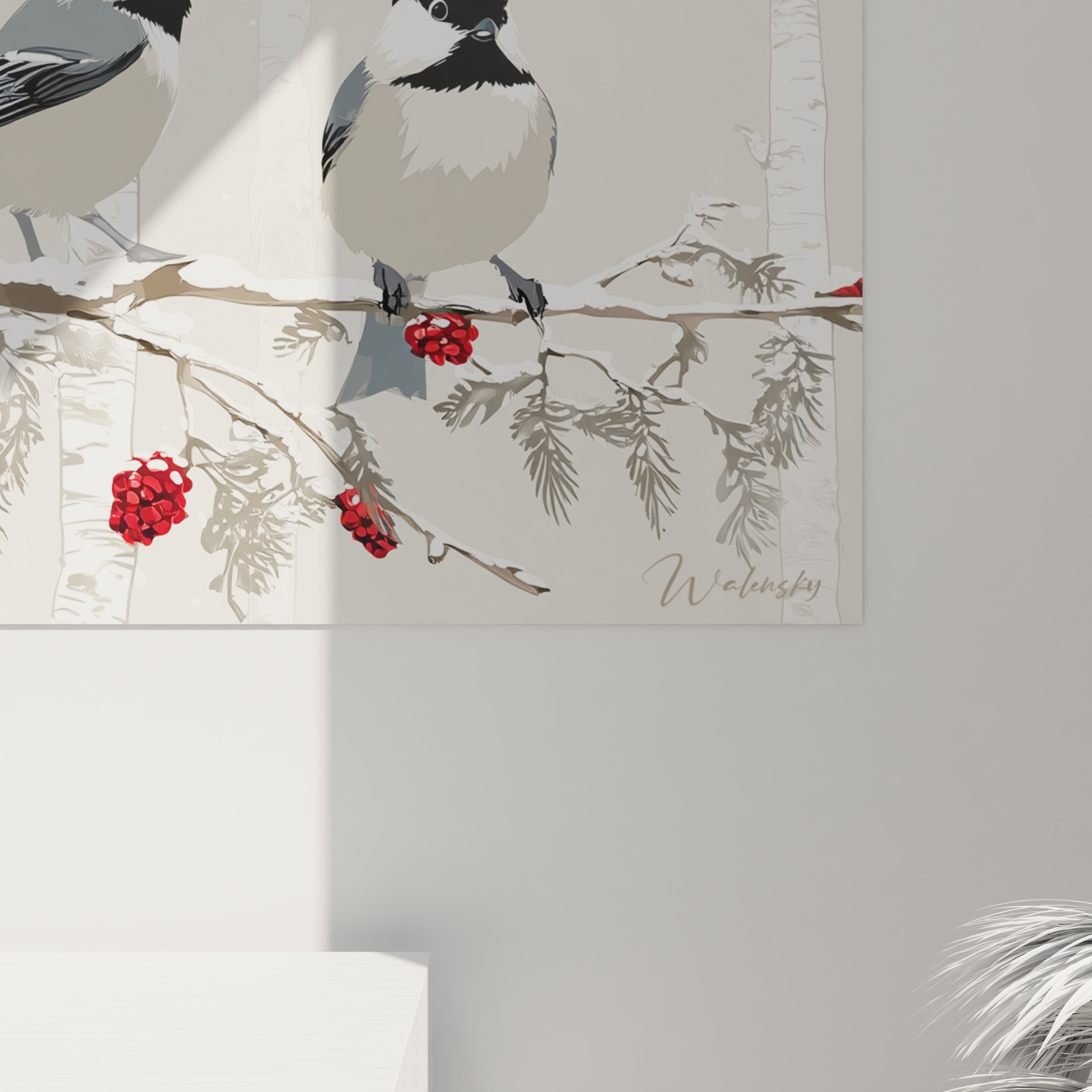 Tableau oiseaux décoration Noël avec des oiseaux sur une branche ornée de baies rouges