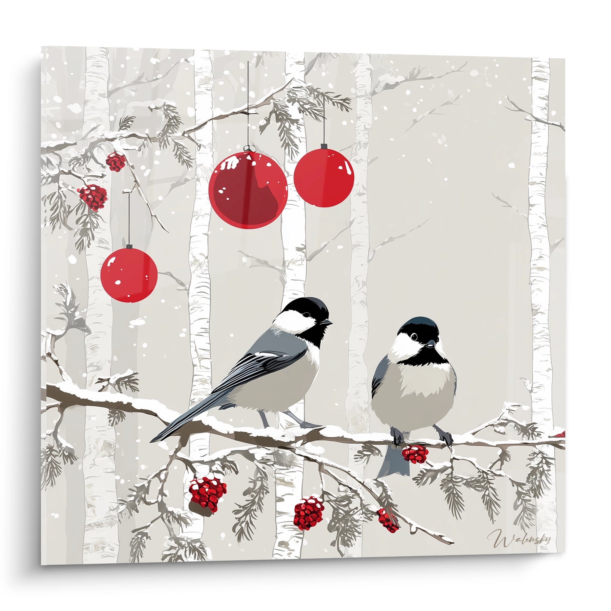 Tableau oiseaux décoration Noël avec deux mésanges sur une branche ornée de boules rouges