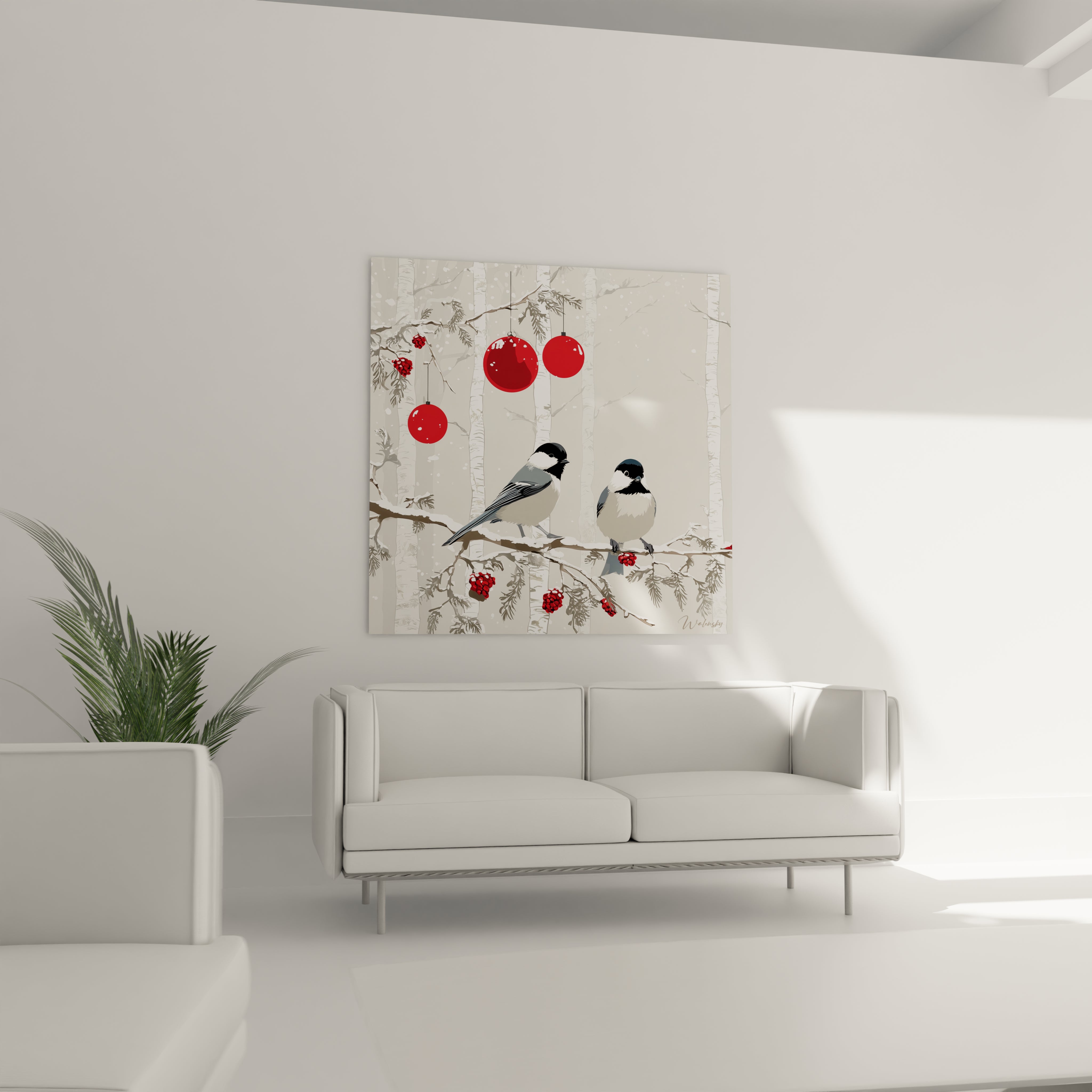 Tableau oiseaux décoration Noël avec des oiseaux sur une branche et des boules rouges dans un décor moderne