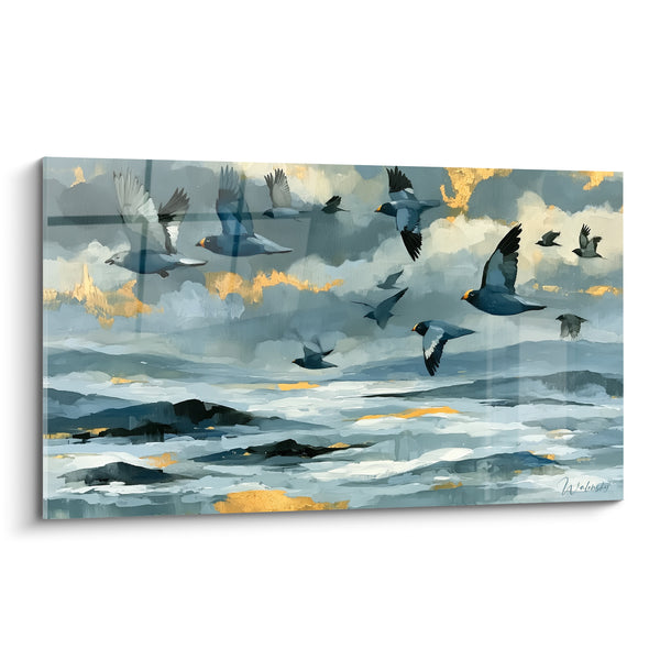 Tableau Oiseaux gris et dorés au-dessus des vagues - Envol au crépuscule - Edition style Peinture abstrait