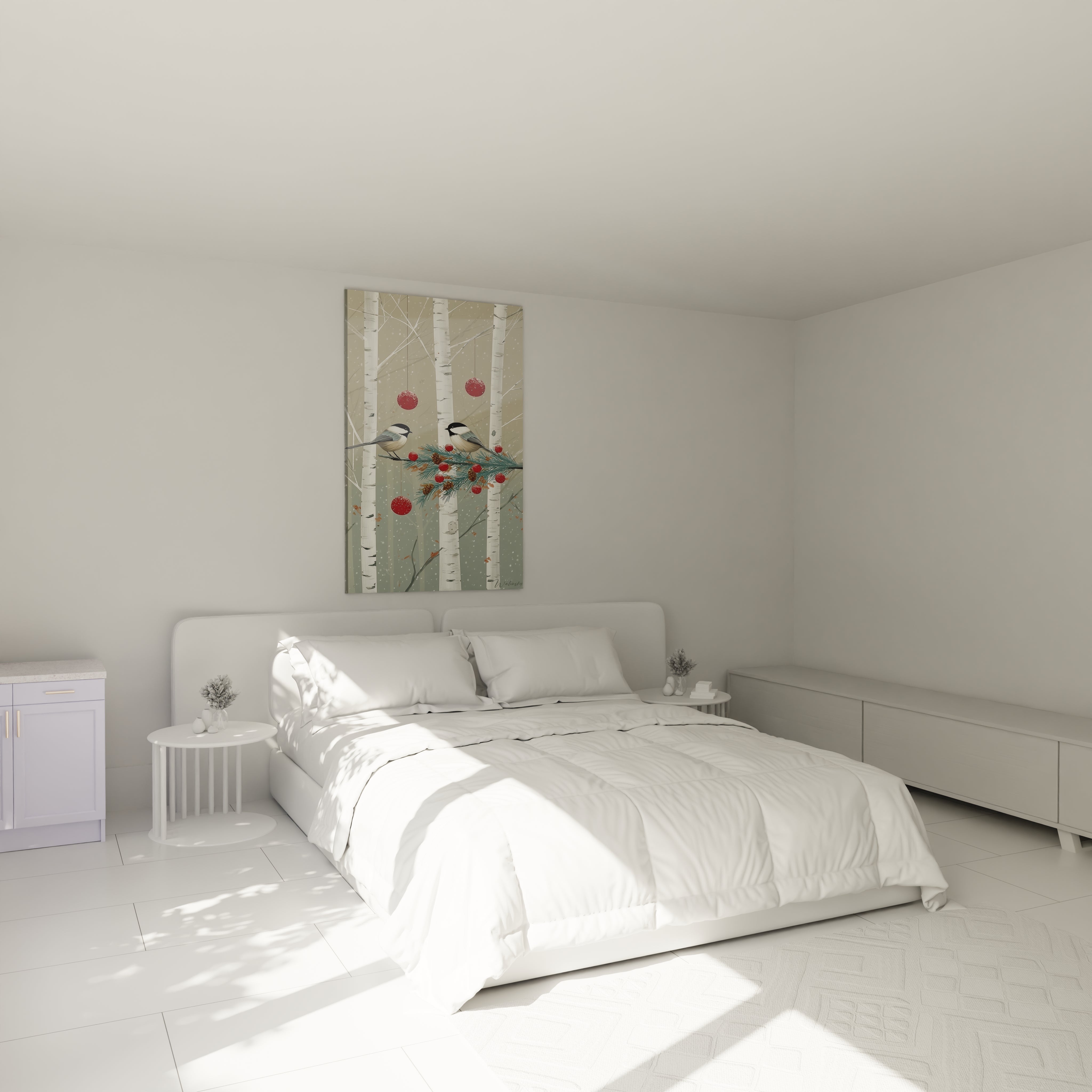 Tableau oiseaux Noël décoratif accroché au mur dans une chambre lumineuse et moderne