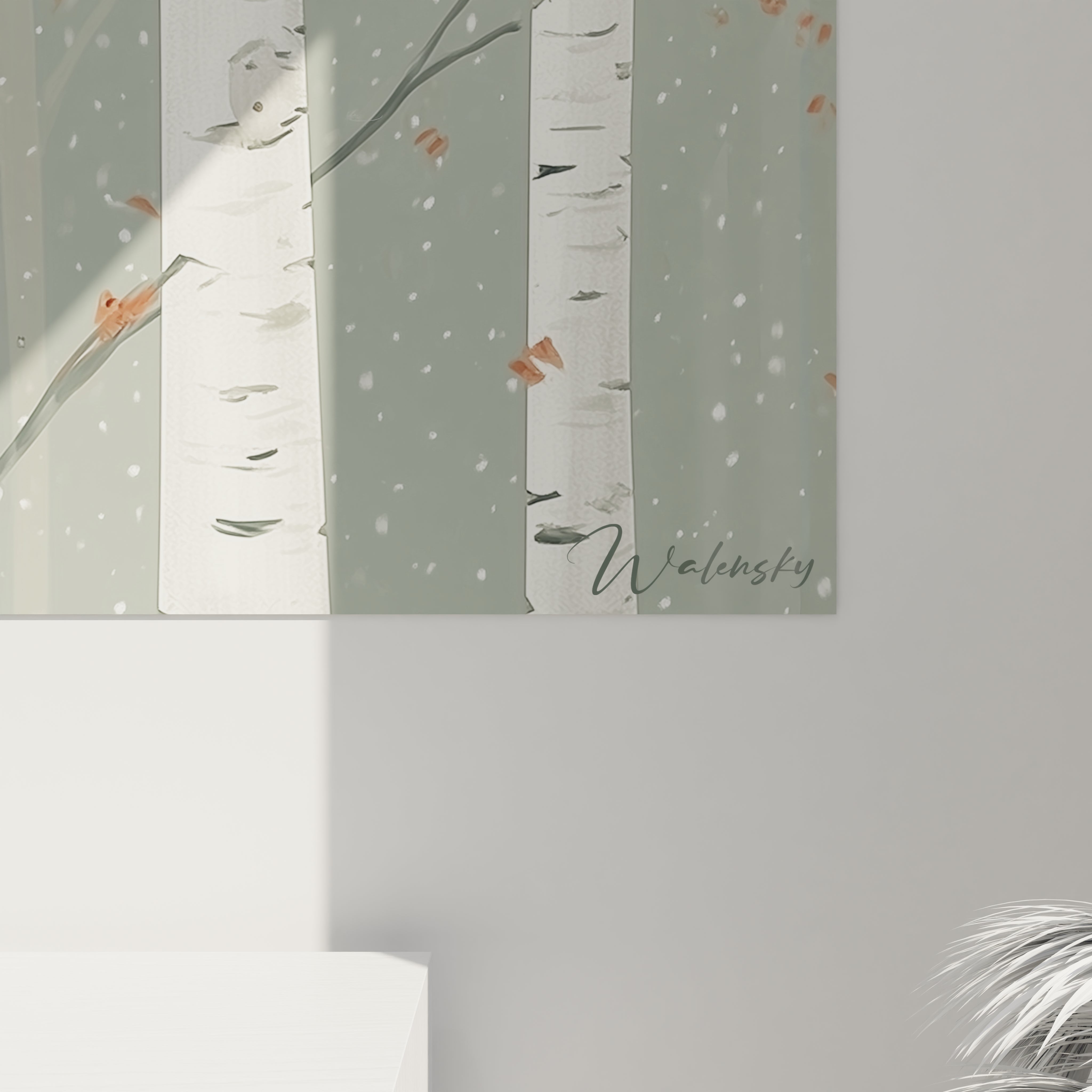 Tableau oiseaux Noël de Walensky avec un design d'arbres en hiver et des oiseaux colorés