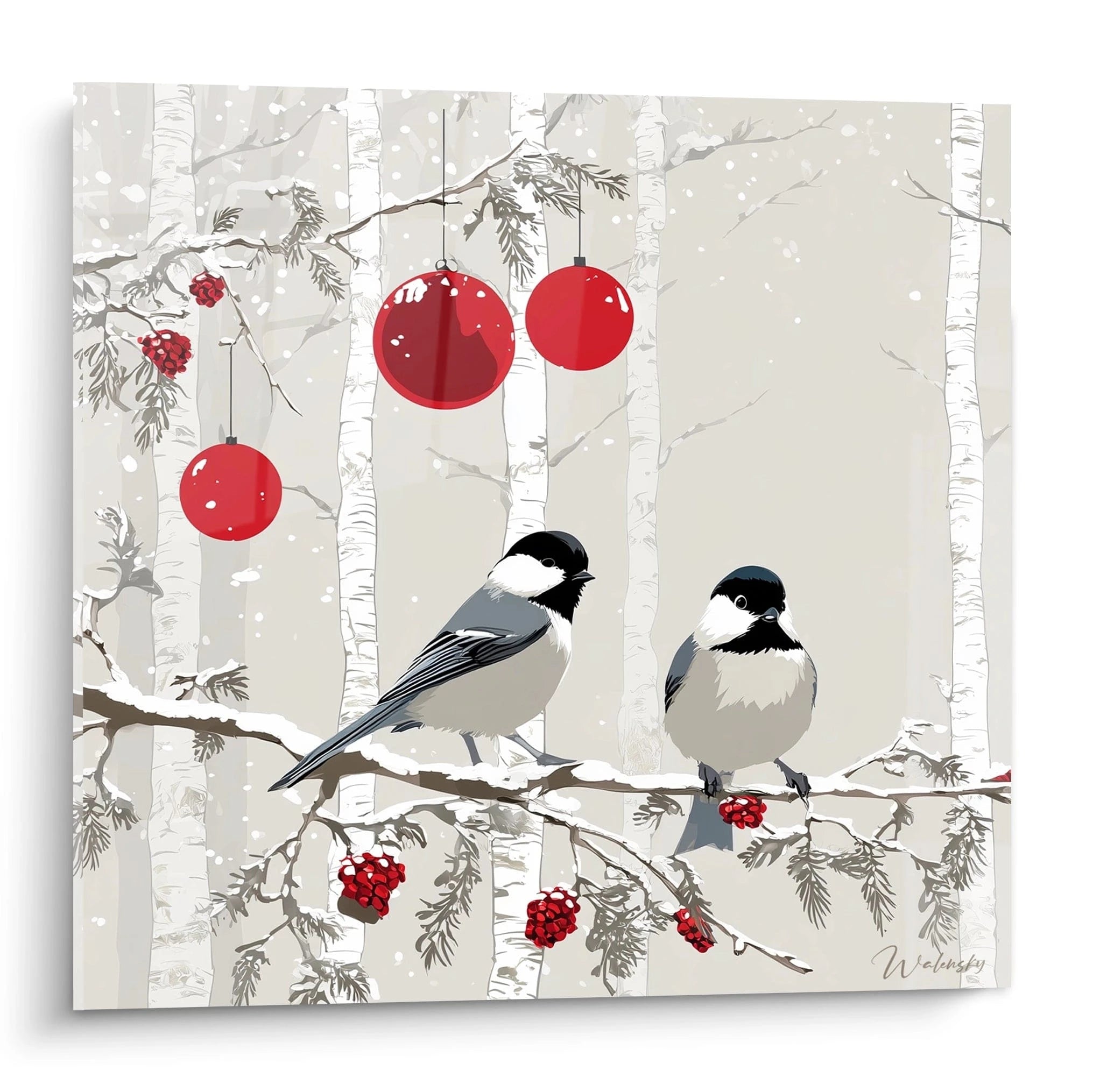 Tableau oiseaux décoration Noël avec deux mésanges sur une branche ornée de boules rouges