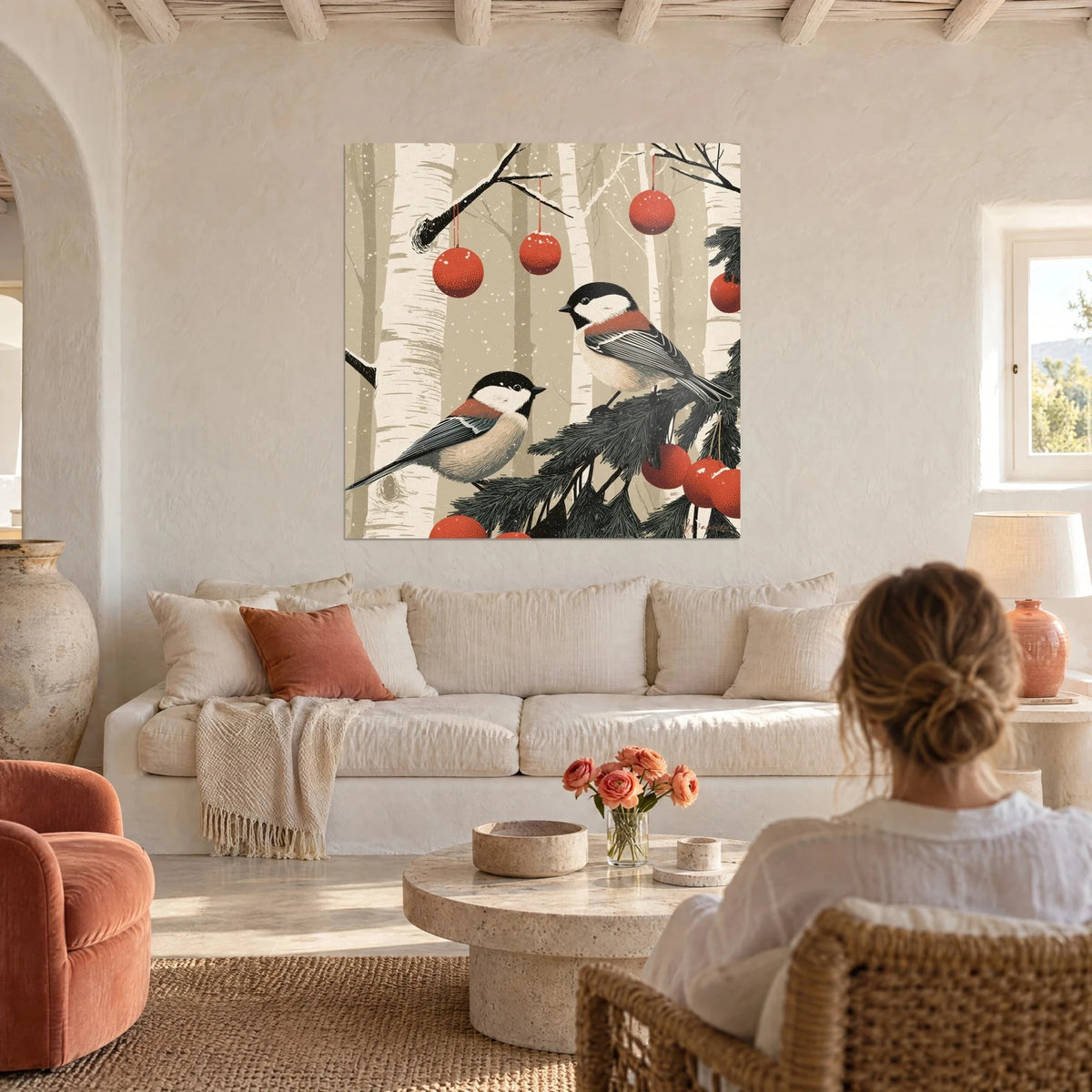 Tableau mésanges charbonnières sur branche de sapin, boules rouges et bouleaux crème, au-dessus d'un canapé dans un salon lumineux