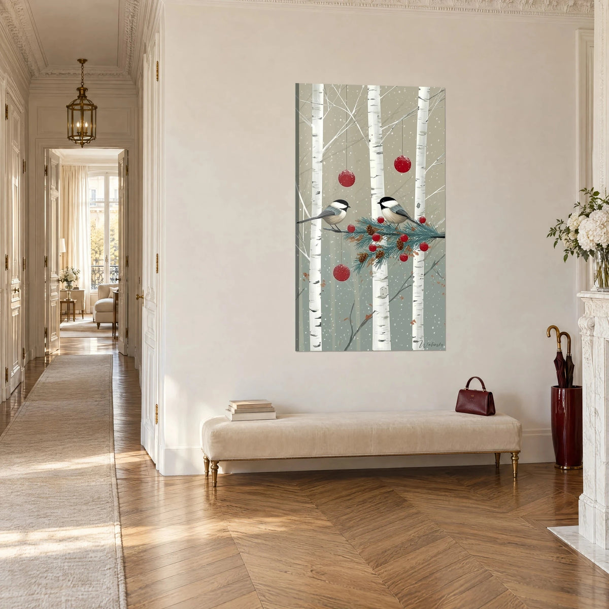 Wall art pair of songbirds perched among white birch trunks, hanging red Christmas baubles, taupe background, Haussmann-style corridor