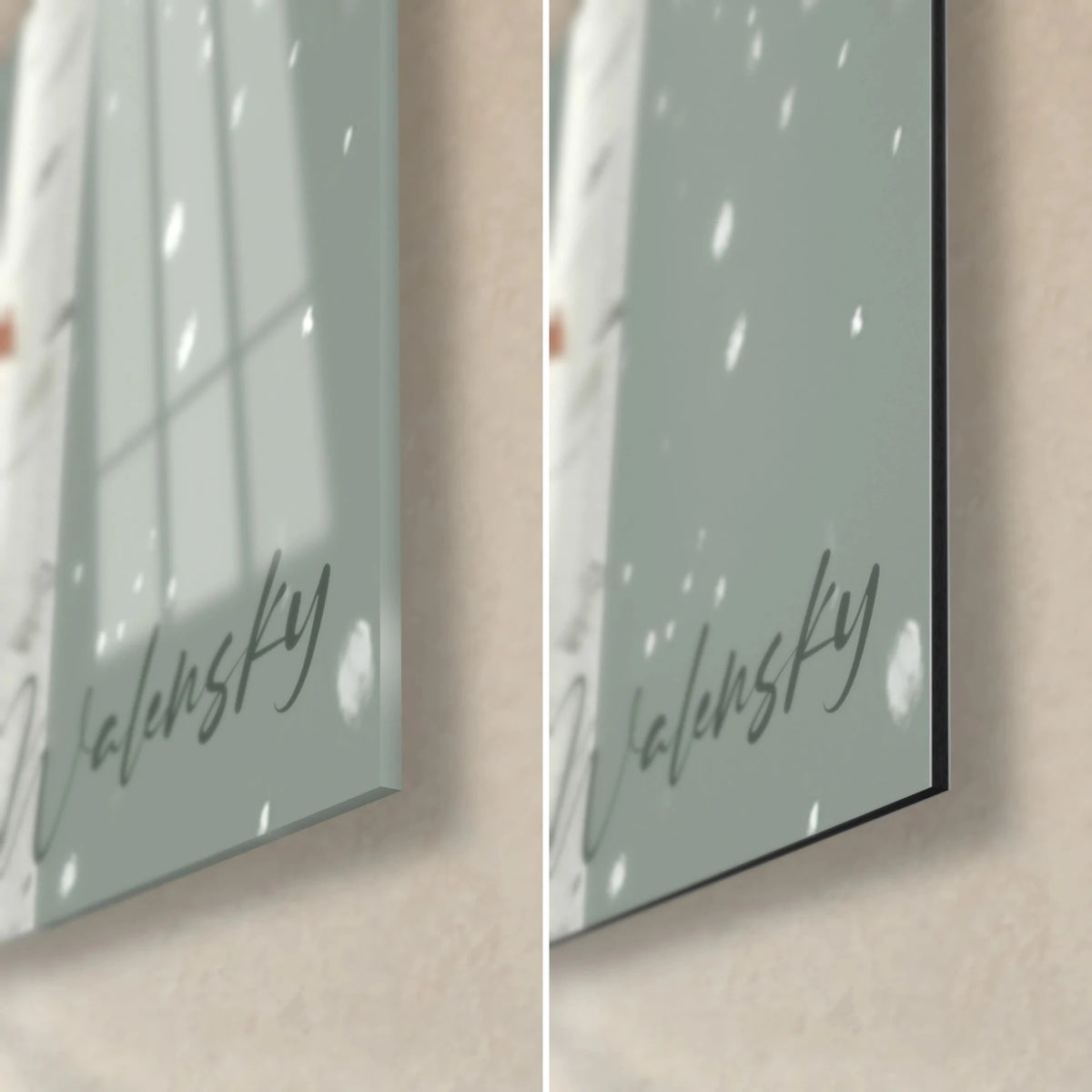 Wall art winter birds on birches, white snowflakes on grey-green background, bottom right corner, glossy glass and matte black Dibond, 3 mm thickness