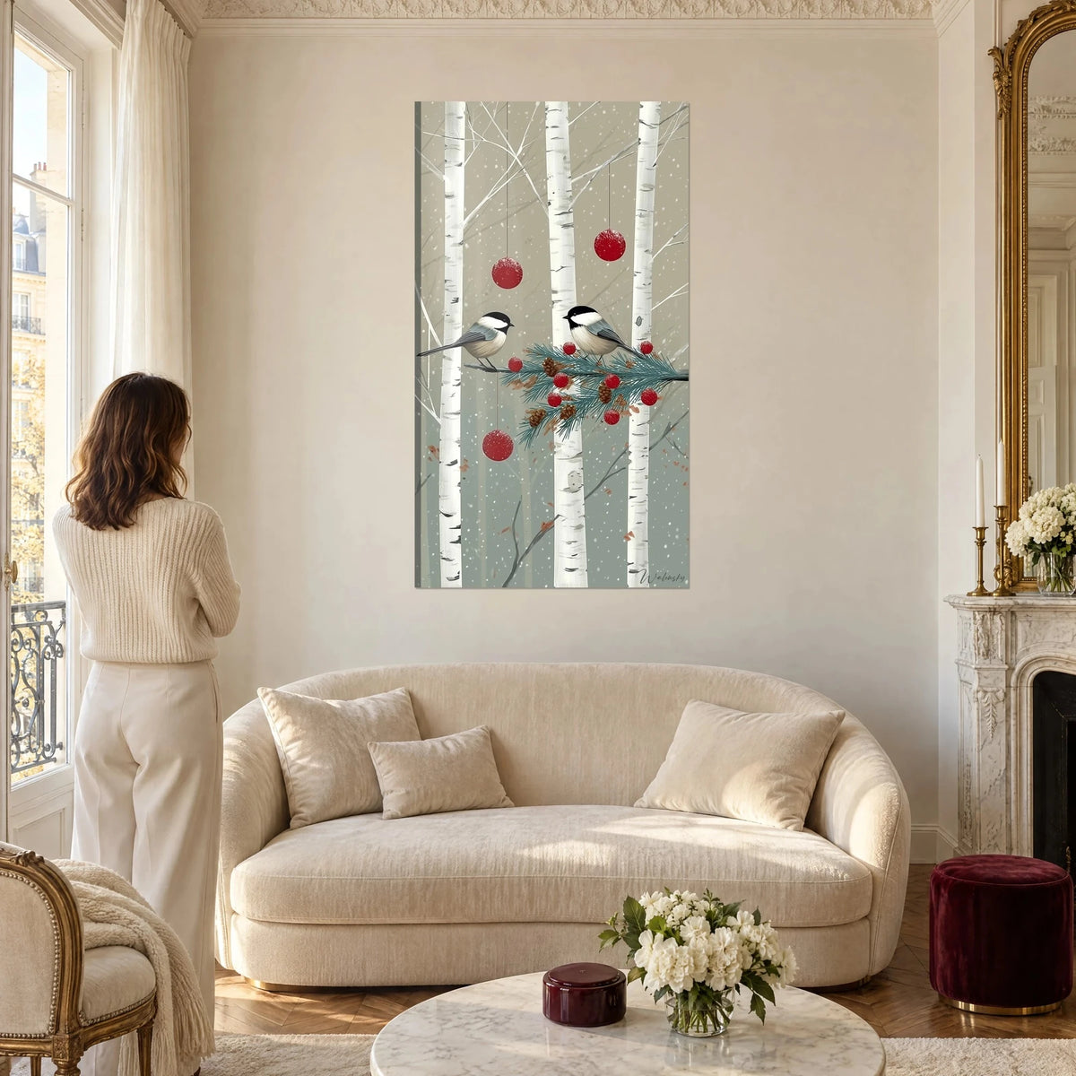 Wall art black-capped chickadees on fir branch, red baubles, white birches, grey-green background, above a sofa in a bright living room