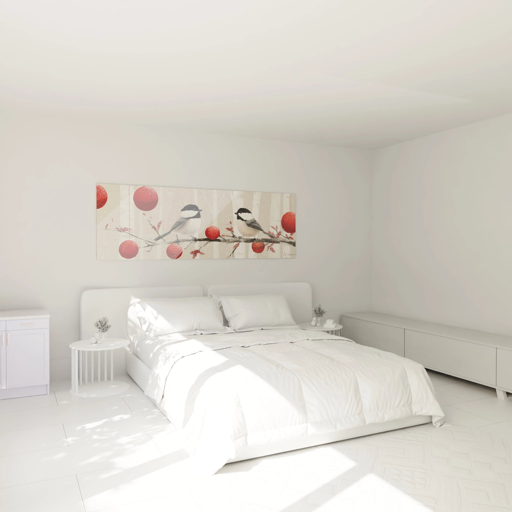Tableau oiseaux décoration Noël de Walensky dans une chambre lumineuse avec des ornements rouges