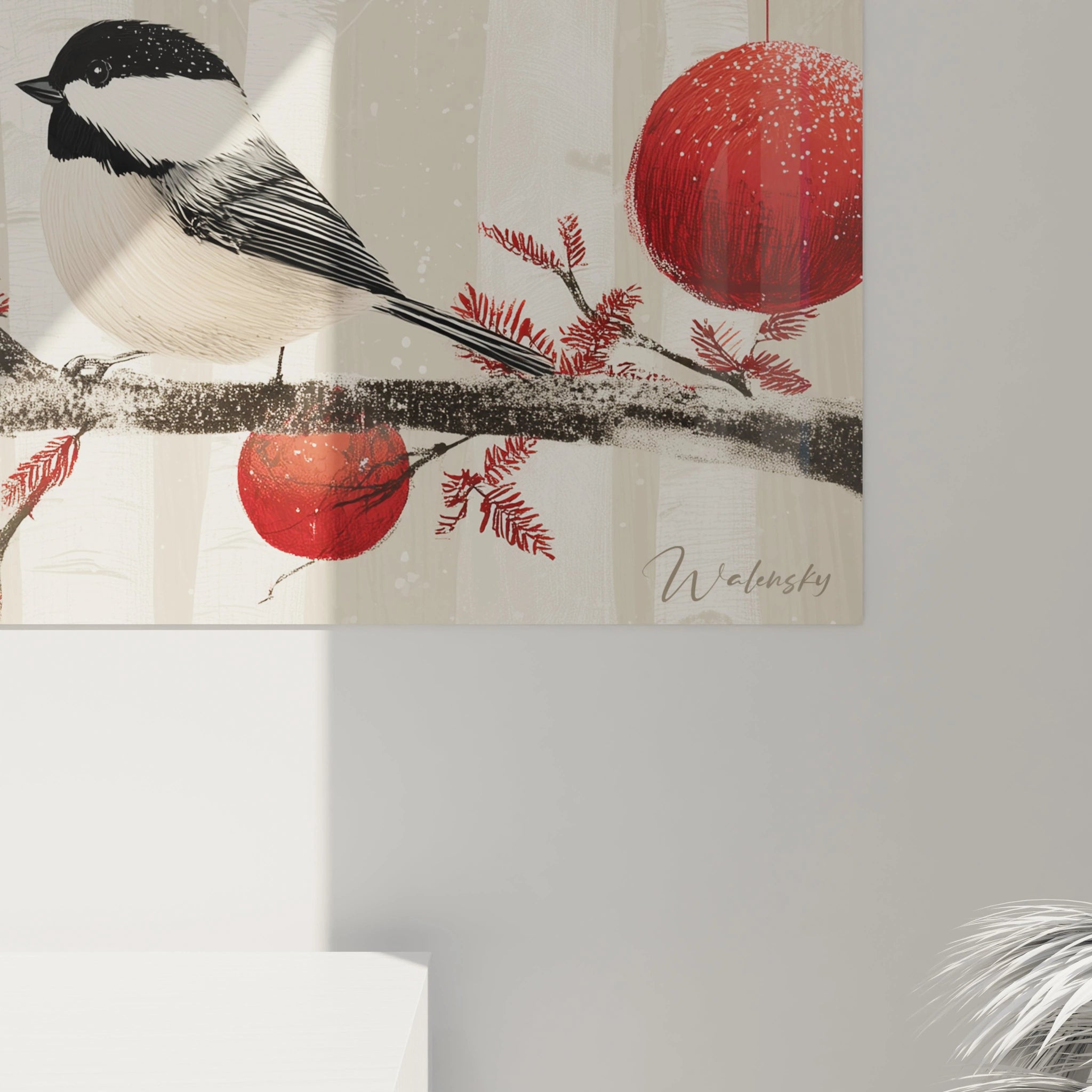Tableau oiseaux décoration Noël avec un oiseau sur une branche et des boules rouges