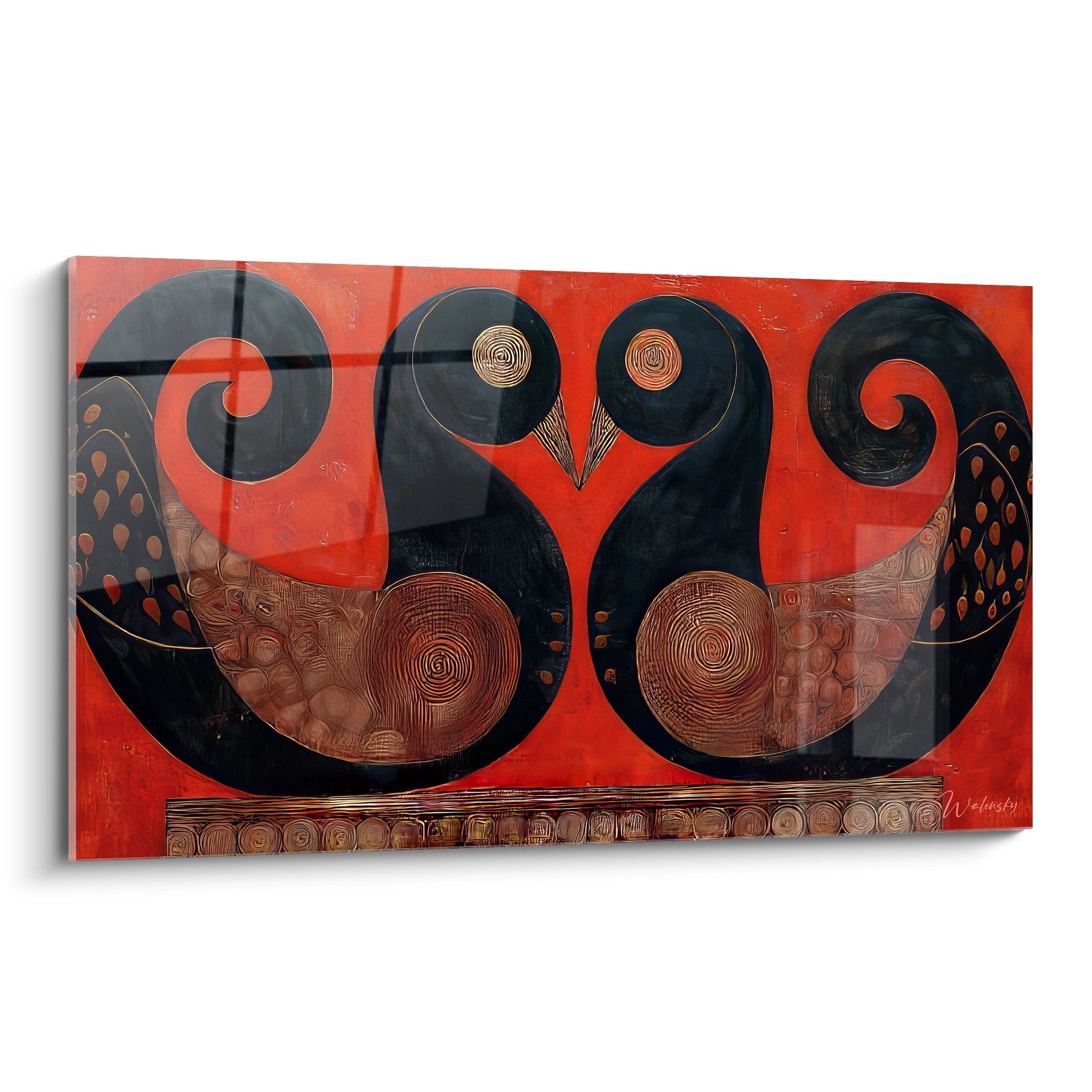 Tableau mural deux oiseaux stylisés noirs sur fond rouge avec motifs géométriques africains dorés