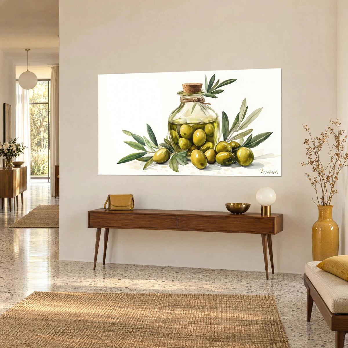 Tableau aquarelle de carafe d'huile dorée remplie d'olives, rameaux vert sauge et ficelle beige, au-dessus d'une console en bois