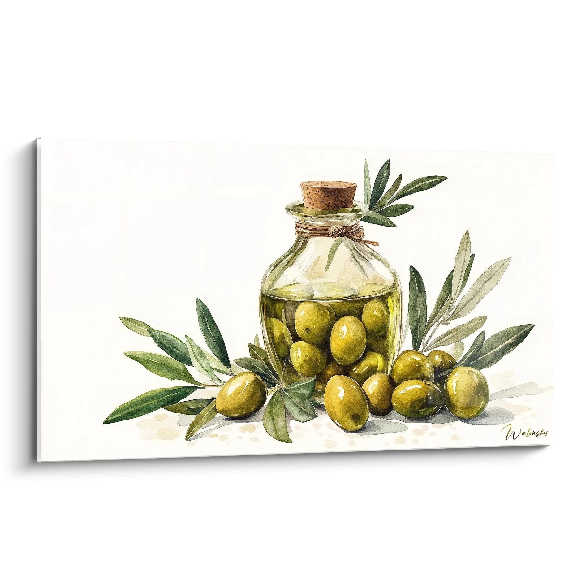 Un tableau olive représentant un bocal en verre rempli d’huile et d’olives vertes, entouré de branches d’olivier sur fond blanc. Texture lisse et couleurs naturelles.

